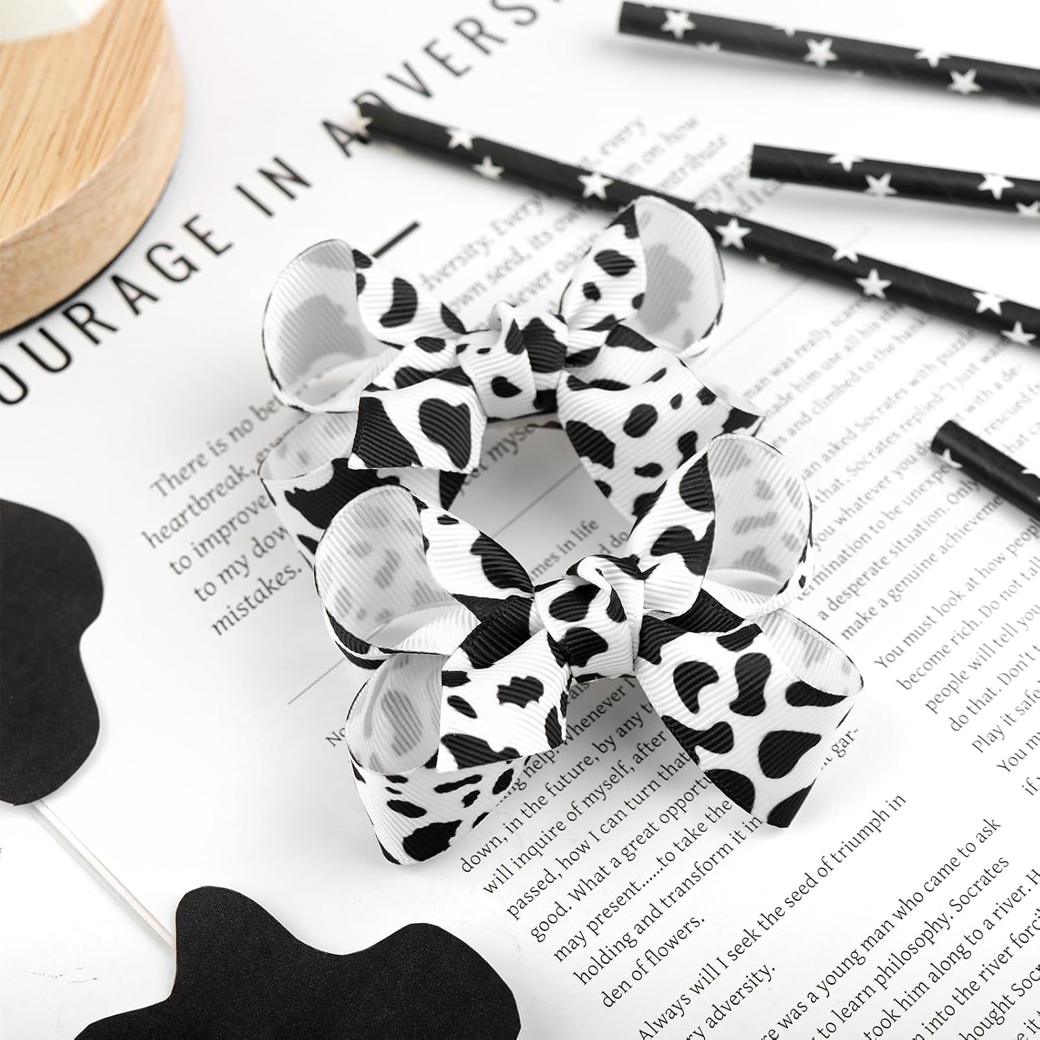 YanJie 3‘’ Moo Cow Print Hair Bow for Girls 2PCS Cowgirl Accessories Infant Toddler Kids Teen Baby Girl Hair Clips Black and White Hairpins