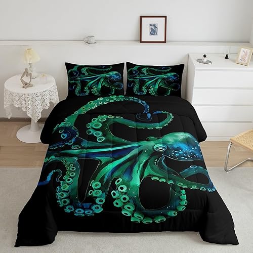 Miniatura 17 de Edredón de plumón de tortuga marina y verde azulado brillante, juego de ropa de cama tamaño Queen para niños y niños, juego de edredón de reptiles