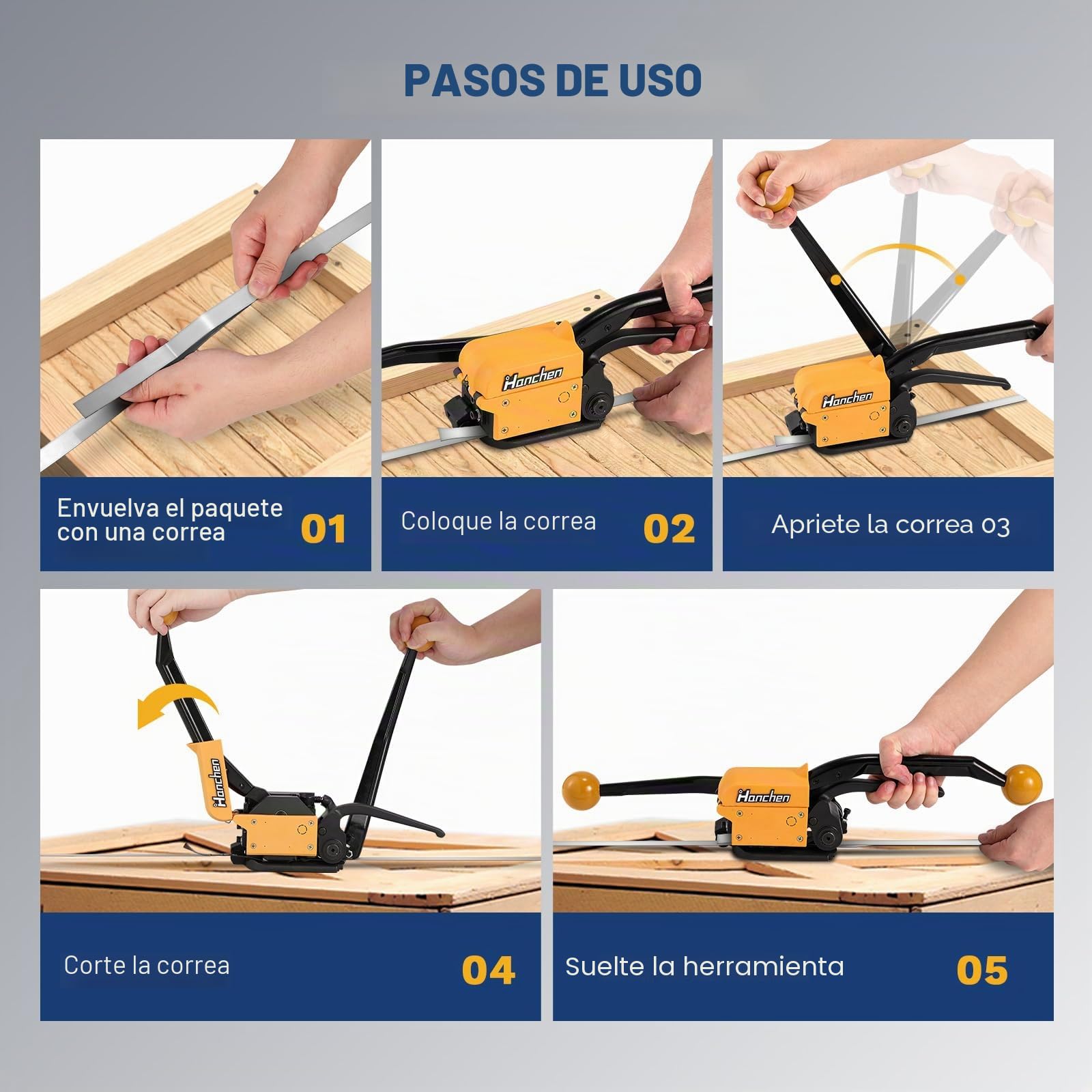 Hanchen Flejadora de Acero Manual Herramienta de Fleje de Acero sin Hebilla Máquina de Embalaje Industrial para Banda de Acero de 13-19mm
