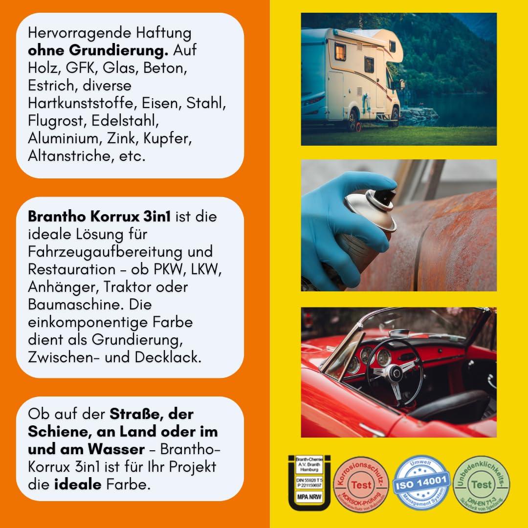 Brantho Korrux 3 in 1 Rostschutzlack - All-in-One Sprühdose Primer, Rostschutz und Lack - 400ml Spraydose DB701 Glimmergrau Hell