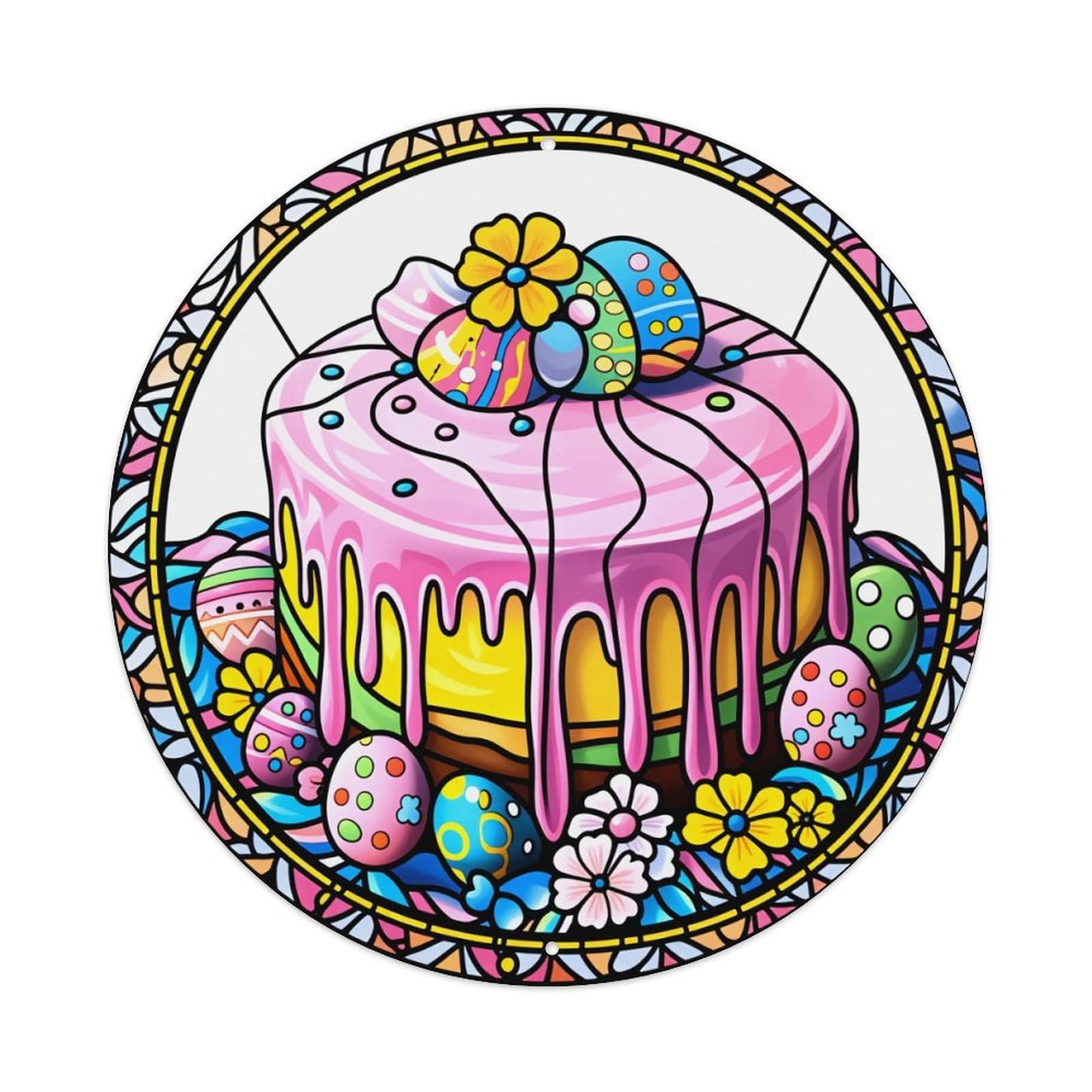 Colorful Cake Easter Eggs Flowers Pattern Round Tin Sign Vintage Metal Poster Retro Bar, Home, Man Cave, Kitchen, Laundry Room Wall Art Decor Gift 8x8Inch