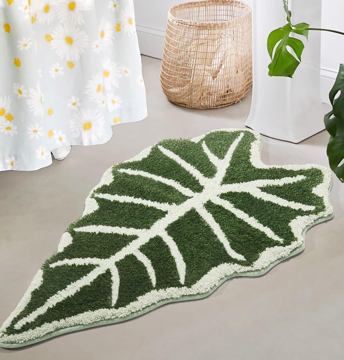 DyeFury Green Leaf Bathroom Rugs-Tropical Leaves Shaped Bath Mat for Cute Bathroom Decor Alocasia Leaf Plant Rug for Boho Bedroom Washable Sage Green