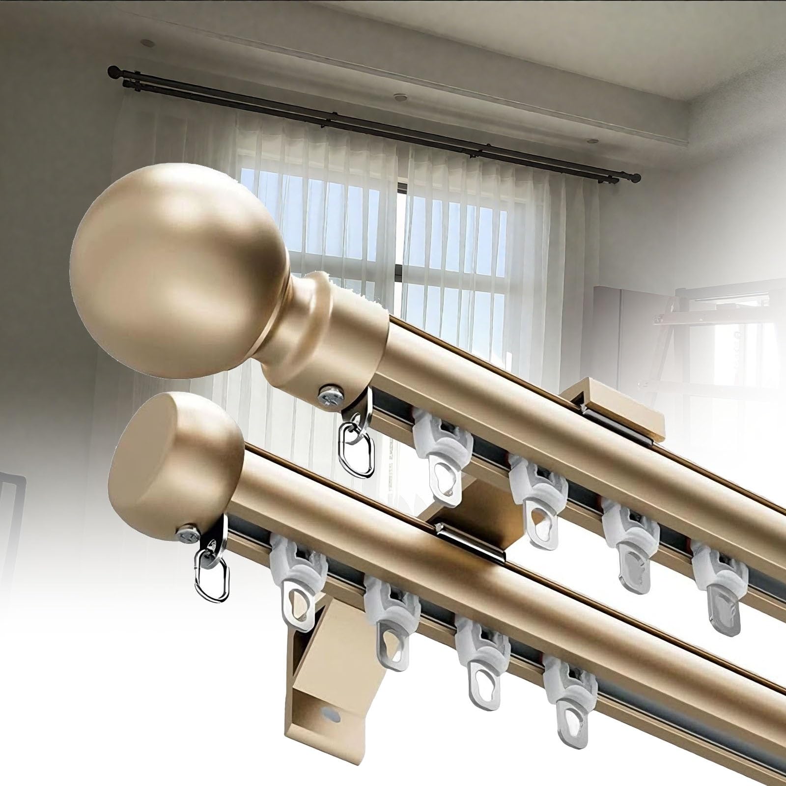 Podwójny karnisz, 100-800 cm, ze stopu aluminium, stabilny system przesuwny, ciche tory, idealny do dzielenia pokoju, salonu, biura (200 cm)