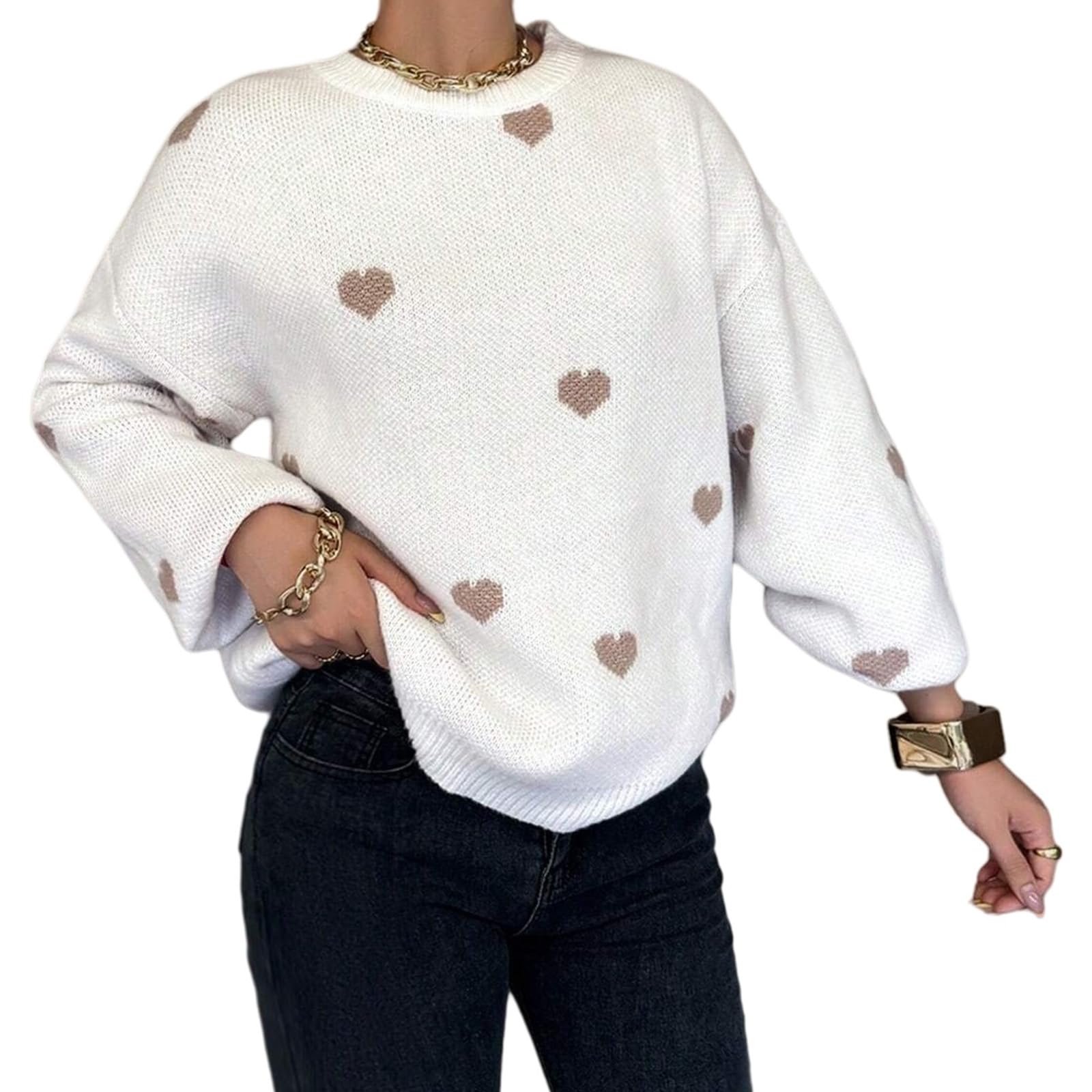 Womens Sweaters Heart Crewneck Loose Pullover Long Sleeve Lightweight Knit Sweater Fall Fashion Jumper Tops