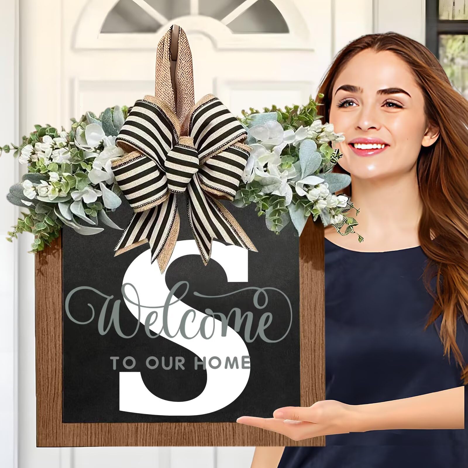 Last Name Welcome Sign Wreath for Front Door All Year Round Decorations Front Porch Decor Hanging Gift for Farmhouse Home Outdoor and Indoor (S)