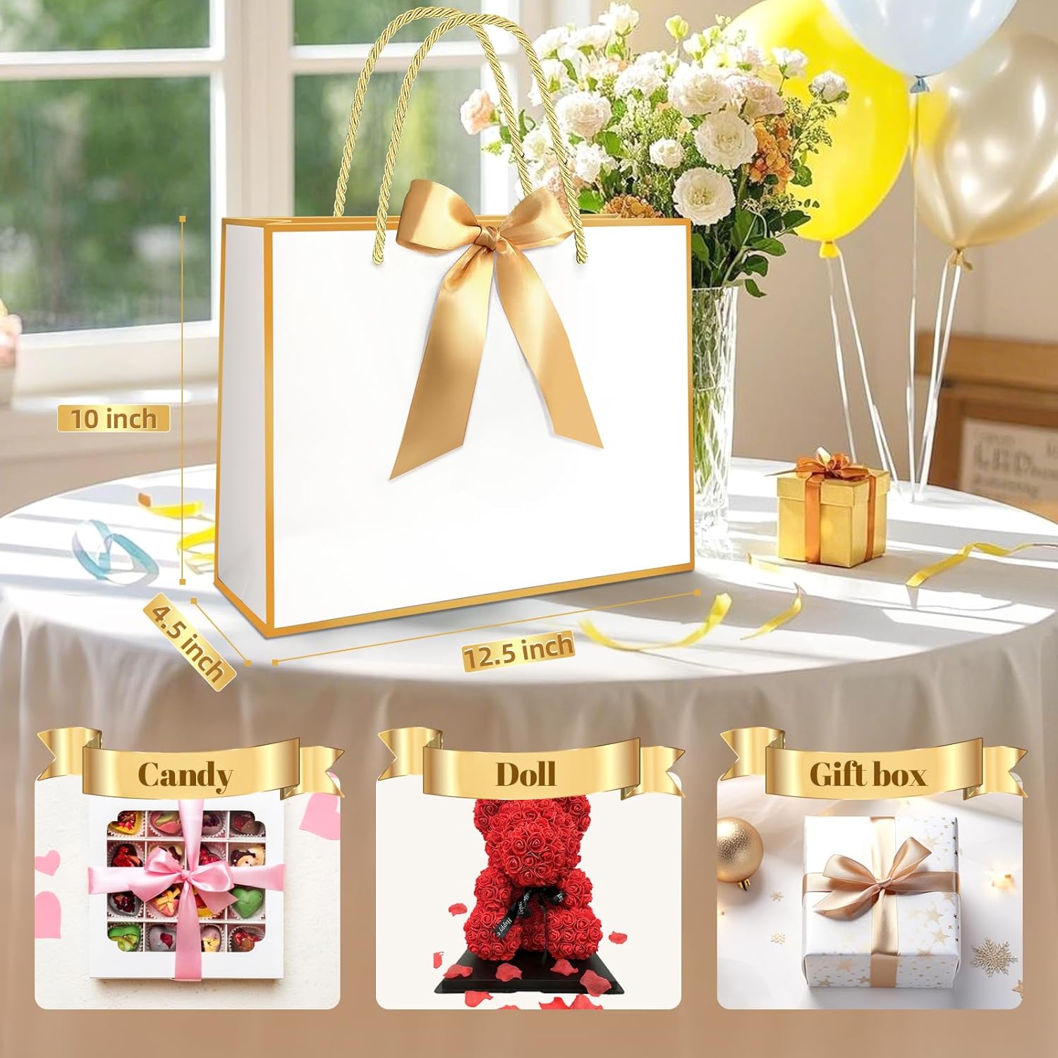 MelonArt Gift Bags with Handles, 15PCS Large Thank You Gift Bag 11.8 x 10 x 4'', Party Favor Wrap Bags Bulk with Bow Ribbon for Wedding Bridal Shower Birthday (White and Gold) - Image 4