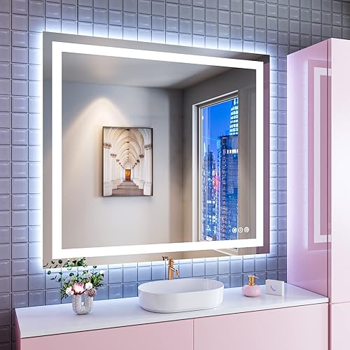 Amorho Espejo de baño LED de 40 x 36 pulgadas con luz frontal y retroiluminado, espejos de pared regulables sin escalones con antiempañamiento, a