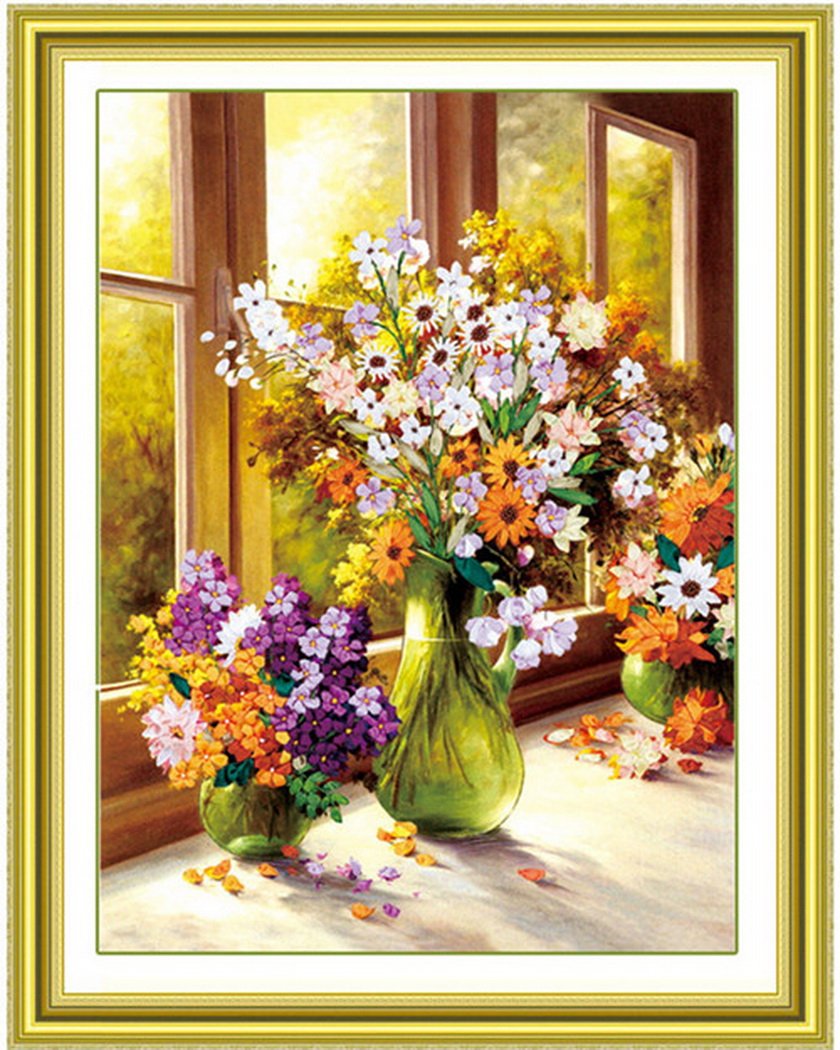 AureateHandmade Ribbon Embroidery Kits Canvas 3D Wall Art Home Decoration DIY Needlepoint Tapestry Hanging Gift Window Blossom Vase 22"×29"