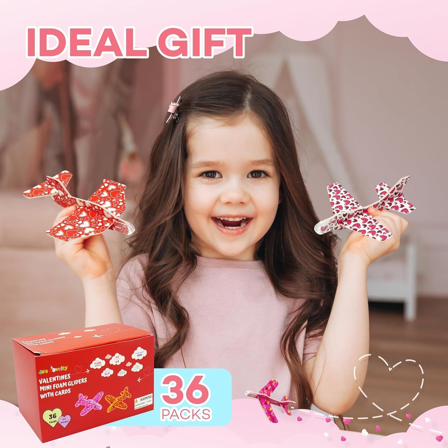 4E's Novelty 36 Pack Valentines Day Foam Airplanes Gliders with Valentines Cards for Kids Boys Girls, Individually Wrapped, Classroom Exchange Prizes Gifts Party Favor Toy Bulk