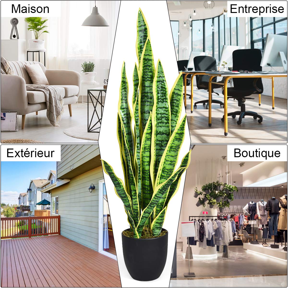 COSTWAY Plante Artificielle Déco. Interieur Sansevieria Trifasciata Bord Jaune avec Pot et 20 Feuilles Vert Arbre/Fleur Artificielle - H 90 CM pour Décoration Magasin, Bureau,Jardin,Extérieur