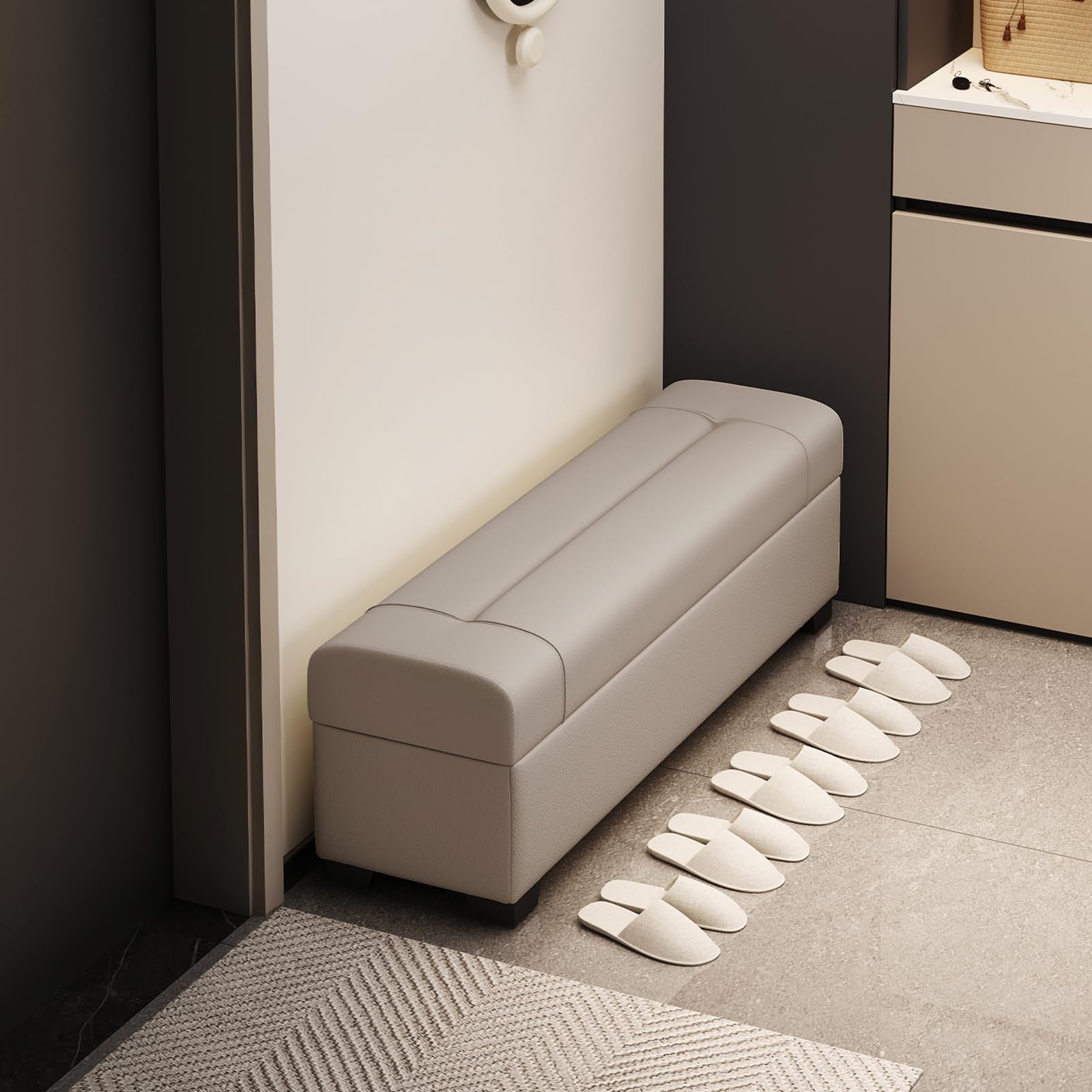 Banco Otomano De Cuero Impermeable con Almacenamiento, Estructura De Madera Maciza, Acolchado, Baúl Grande For Dormitorio Y Sala De Estar.(Color B,120X40X42CM)