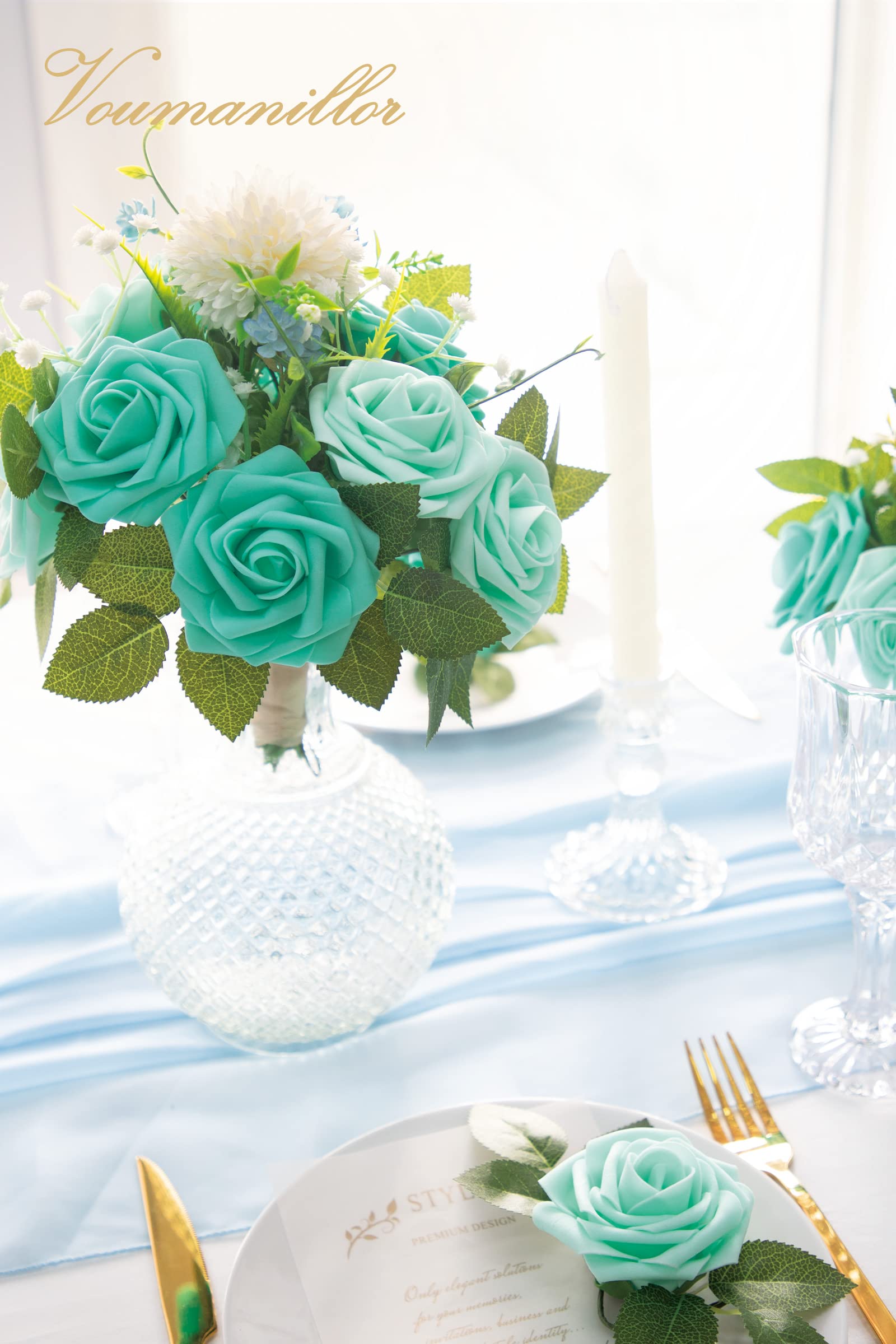 Amazon｜Voumanillor 造花 バラ 25個 本物のような外観 ミントグリーン