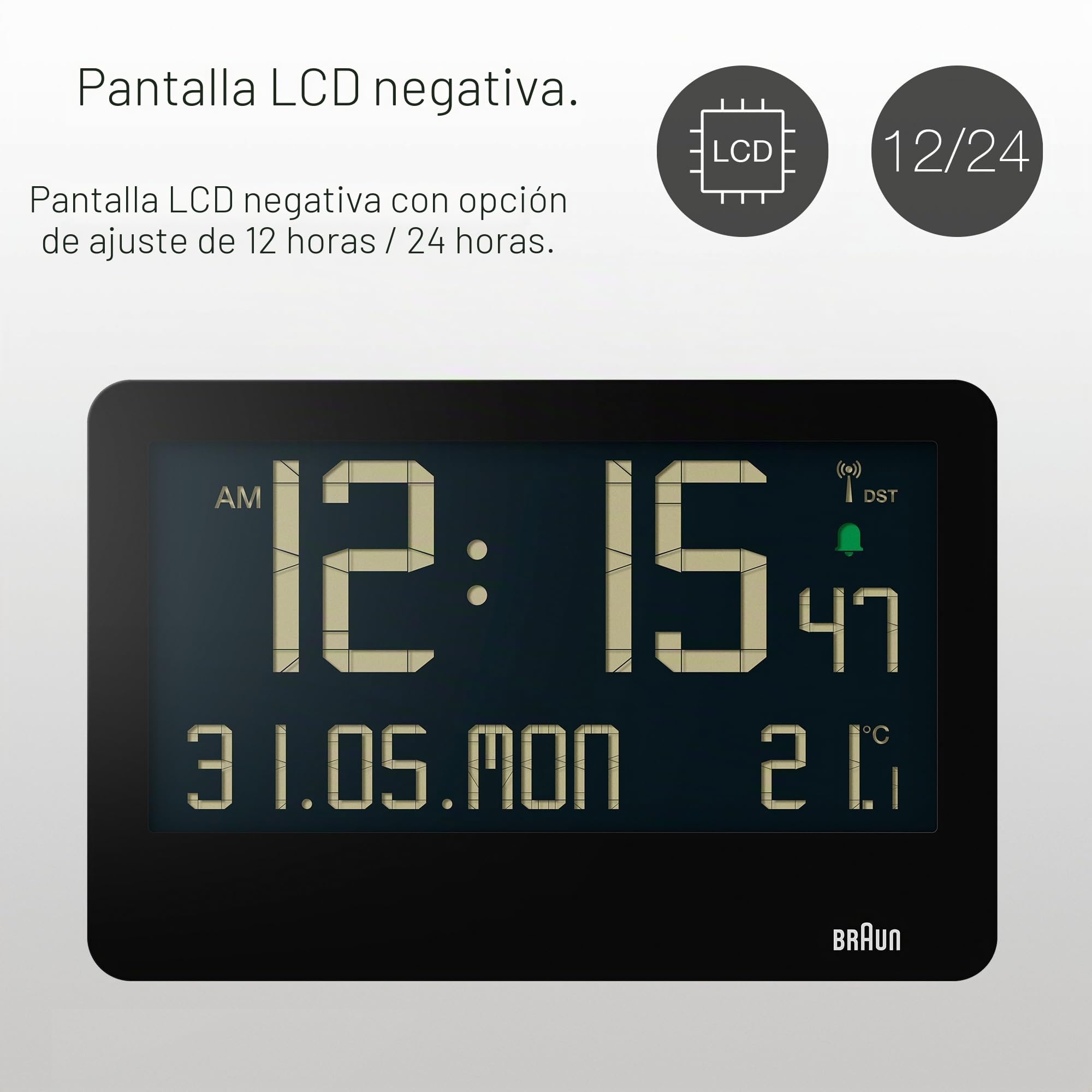 Braun Reloj de Pared Digital controlado por Radio para Hora Central Europea (DCF) con Temperatura, Fecha, día, Gran Pantalla LCD inversa, Alarma Sonora Crescendo en Blanco, Modelo BC14B-DCF
