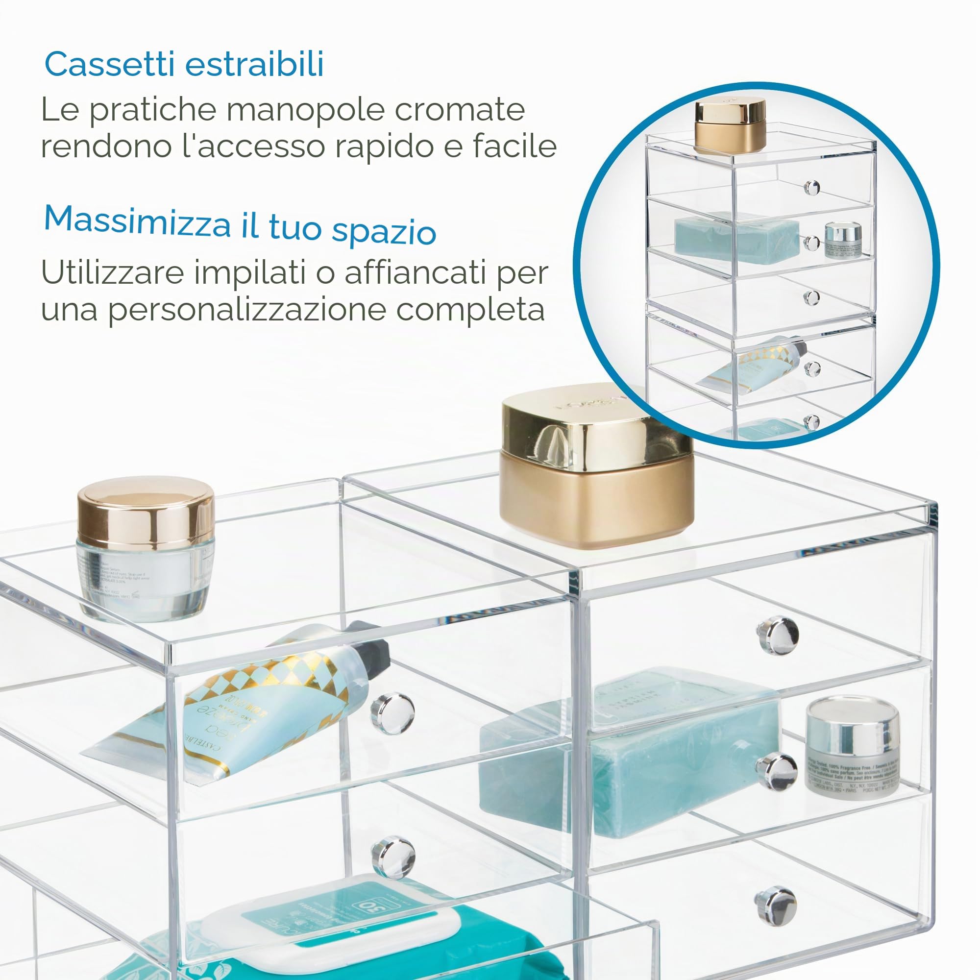 iDesign Porta trucchi con 3 cassetti, Mini cassettiera per make up, cosmetici e gioielli, Organizzatore trucchi impilabile in plastica, trasparente