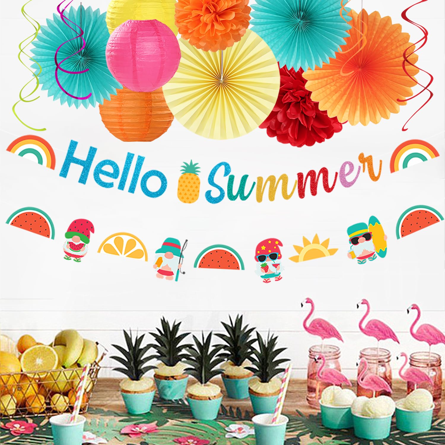 Suministros de decoración de fiesta hawaiana de Luau de verano – 21 pancartas de hola, linternas de papel para piscina, panal, guirnalda de serpentinas colgantes, pompones de tejido, abanicos de