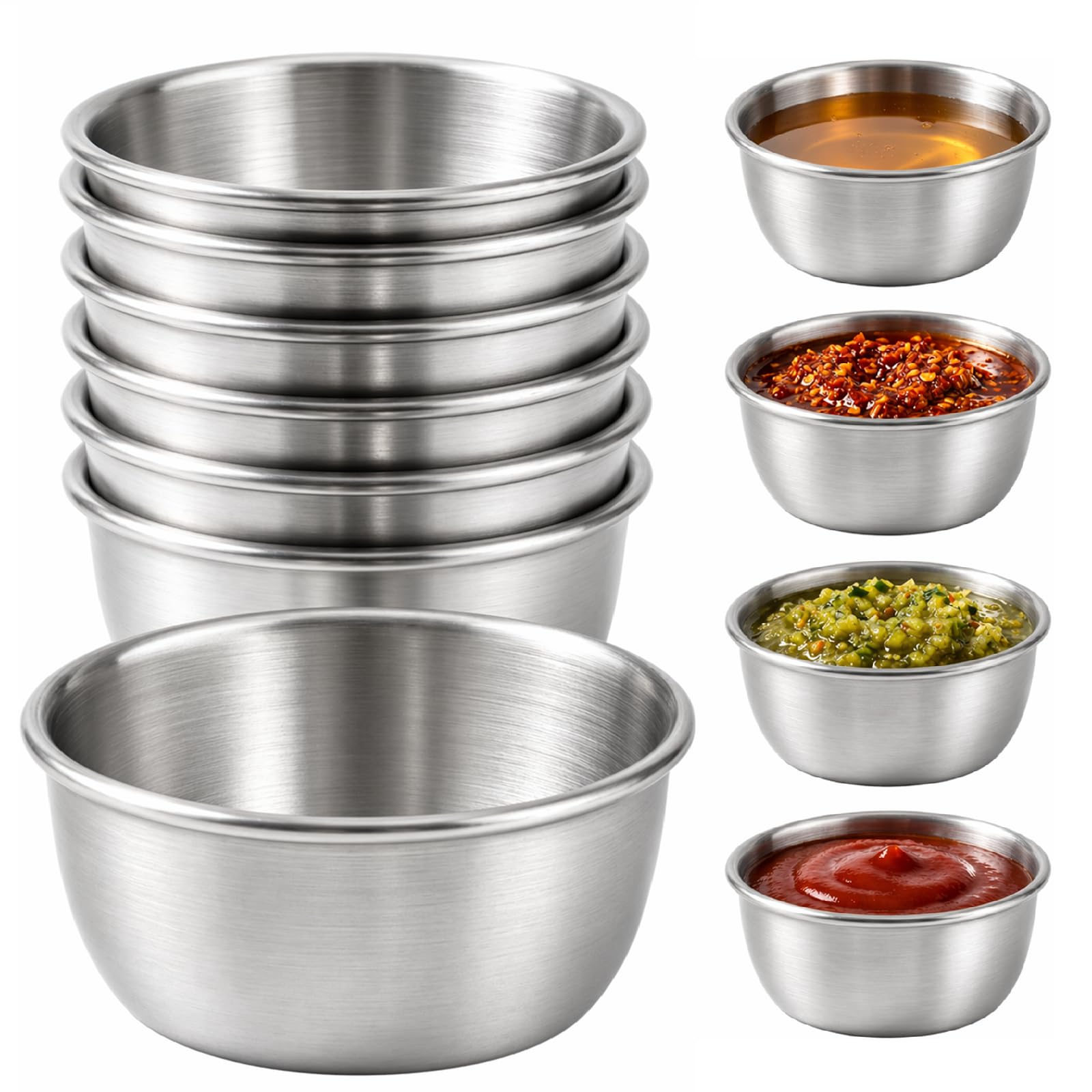 8Pcs Stainless Steel Small Bowl 2oz/52ml, Mini Sauce Diiping Dishes Set, Reusable Metal Condiment Pots for Ice Creams, Sancks & Kitchen, Brushed Food-Grade Stainless Steel Small Cups - Silver