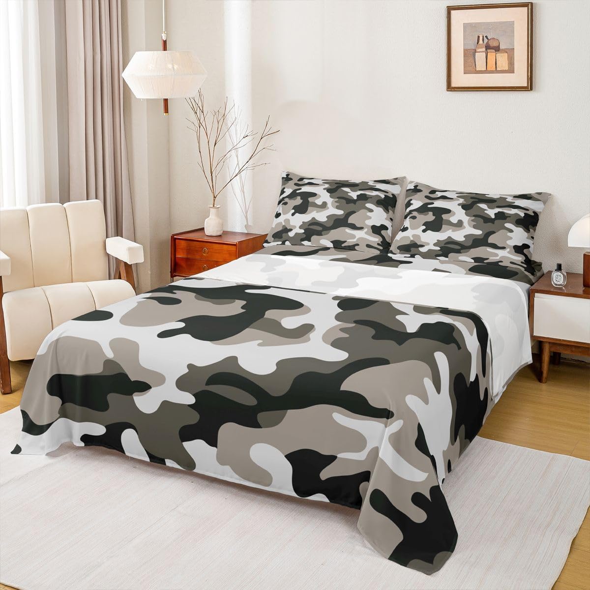 Erosebridal Camouflage Bed Sheets Grey Camo Sheet Set King Size Militarily Army Fitted Sheet for Boys Teens Men Adult Tie Dye Retro Geometric Warm Soft Bedding Set 4Pcs Flat Sheet, All Season
