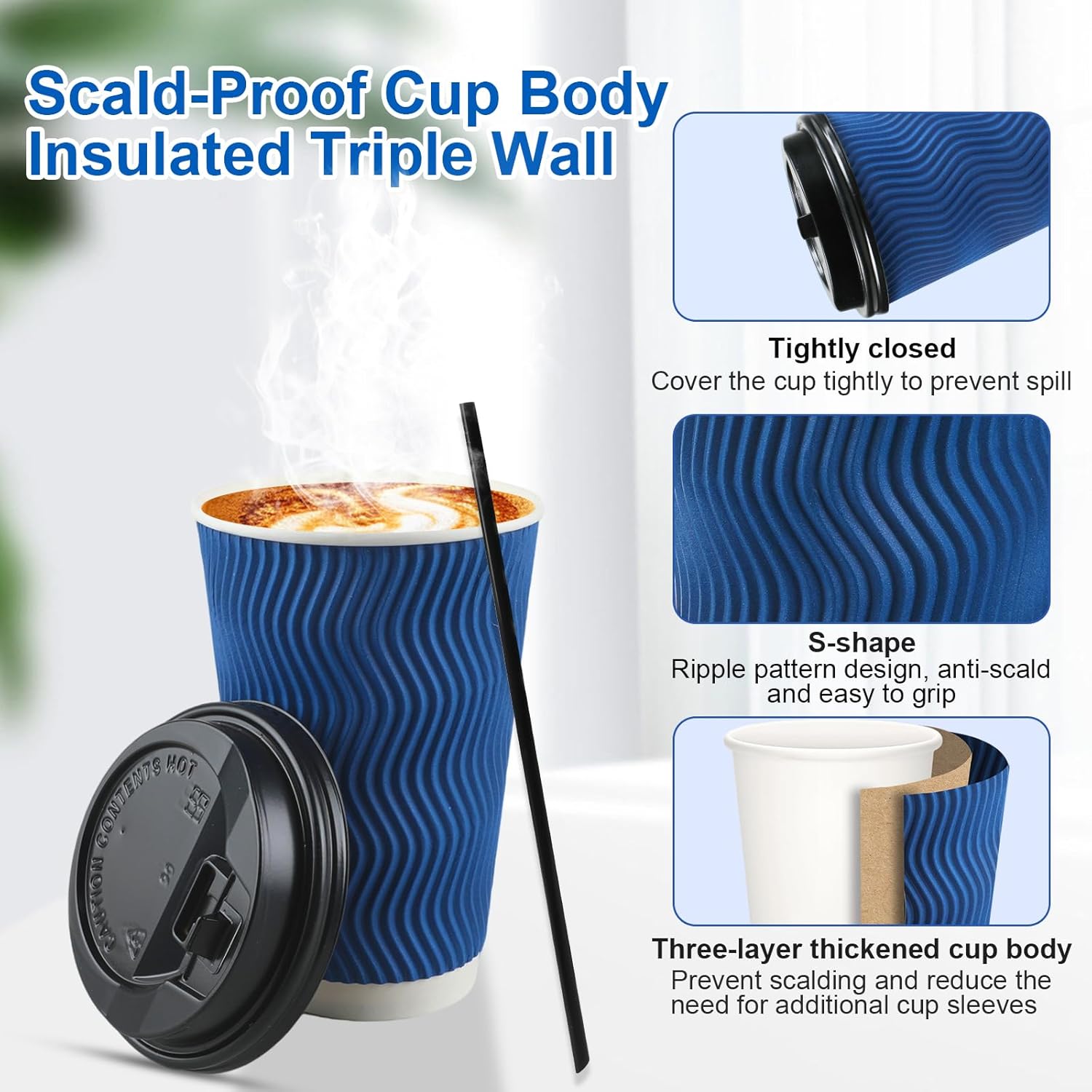 RAZCC Coffee Cups, 90 Pack 16 oz Disposable Blue Insulated Paper Cups, Corrugated Kraft Ripple Wall Cup, Comes with lids and straws Suitable for Hot and Cold Drinks