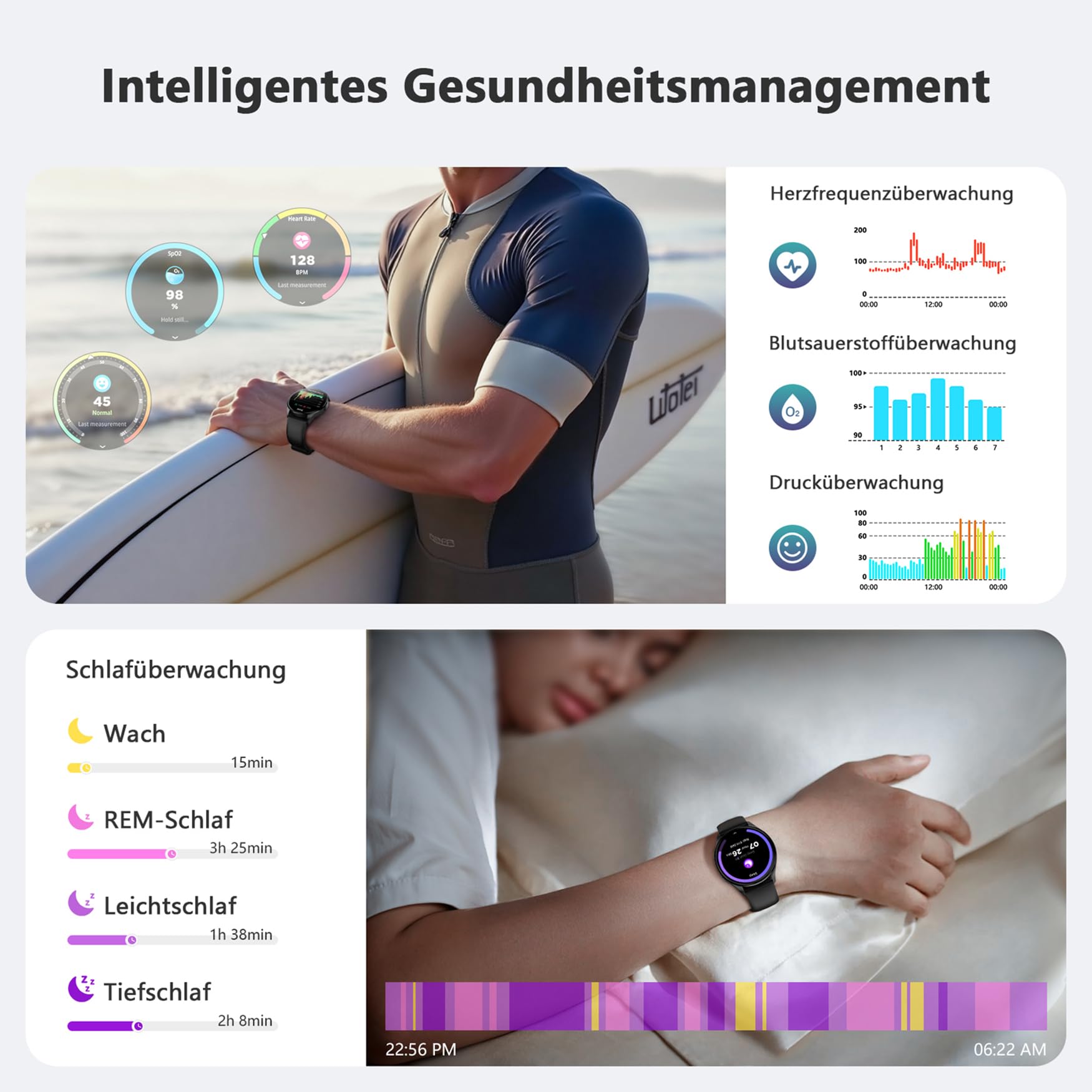 Blackview Smartwatch Herren Damen, AMOLED-Bildschirm, Virtuelle Always-On-Uhr, tätigen/empfangen, Sportuhr mit Puls-Schlaf-SpO2-Schritte-Kalorien-Kilometer, 2 Armbänder (Silikon/Nylon),für Android iOS
