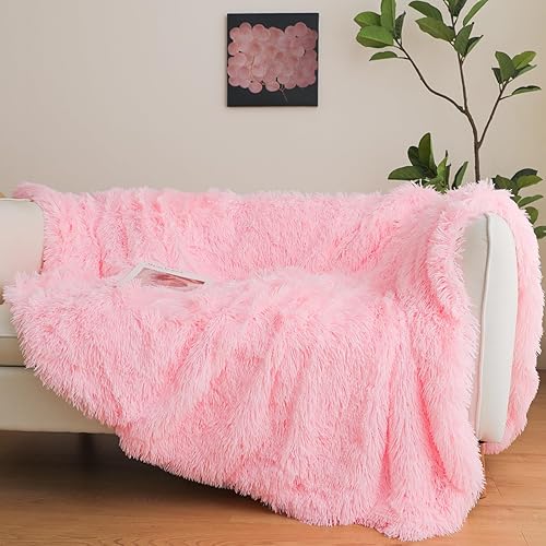Pink Faux Fur Throw Blanket, Pink 50" x 60" Fluffy Blanket Throw, Shaggy Plush Decorative Couch Blanket, Cute Furry Throw Holidy Fuzzy Lap Blanket for Kids Women Men Teen Girls