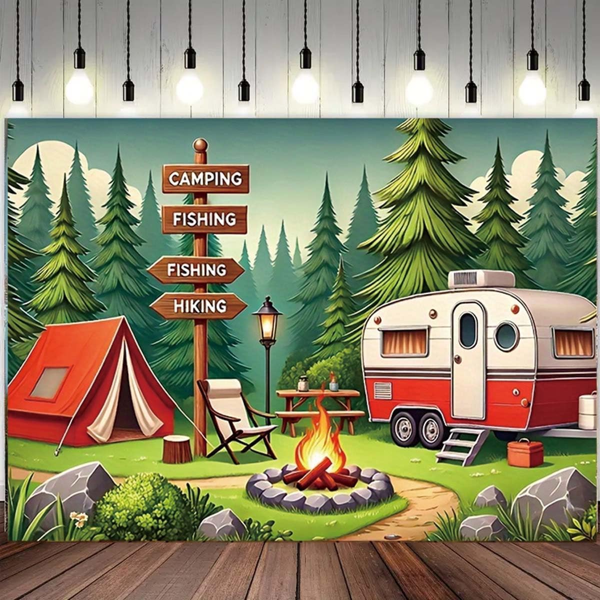 Camping Theme Backdrop Forest Adventure Happy Camper Party Banner RV Tent Jungle Adventure Scene Easy Hanging Decor for Tent Campfire Camping Theme Baby Shower Birthday Party Supplies(B, 7x5feet)