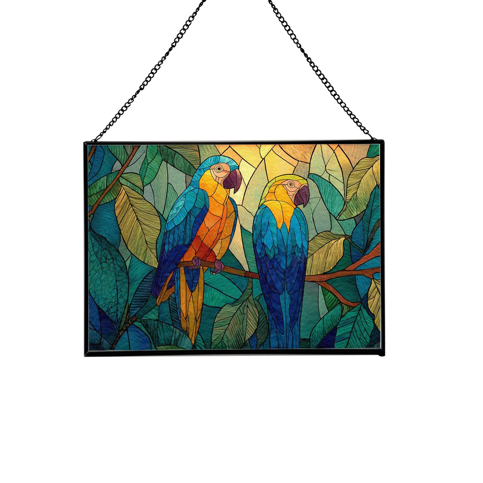 Colorful Parrots in Jungle Canopy Rectangular Stained Glass Suncatcher – Hanging Window Panel with Animal & Nature Scene – Vibrant Glass Art Gift for Wildlife, Fantasy, Nature Lovers fQOJch