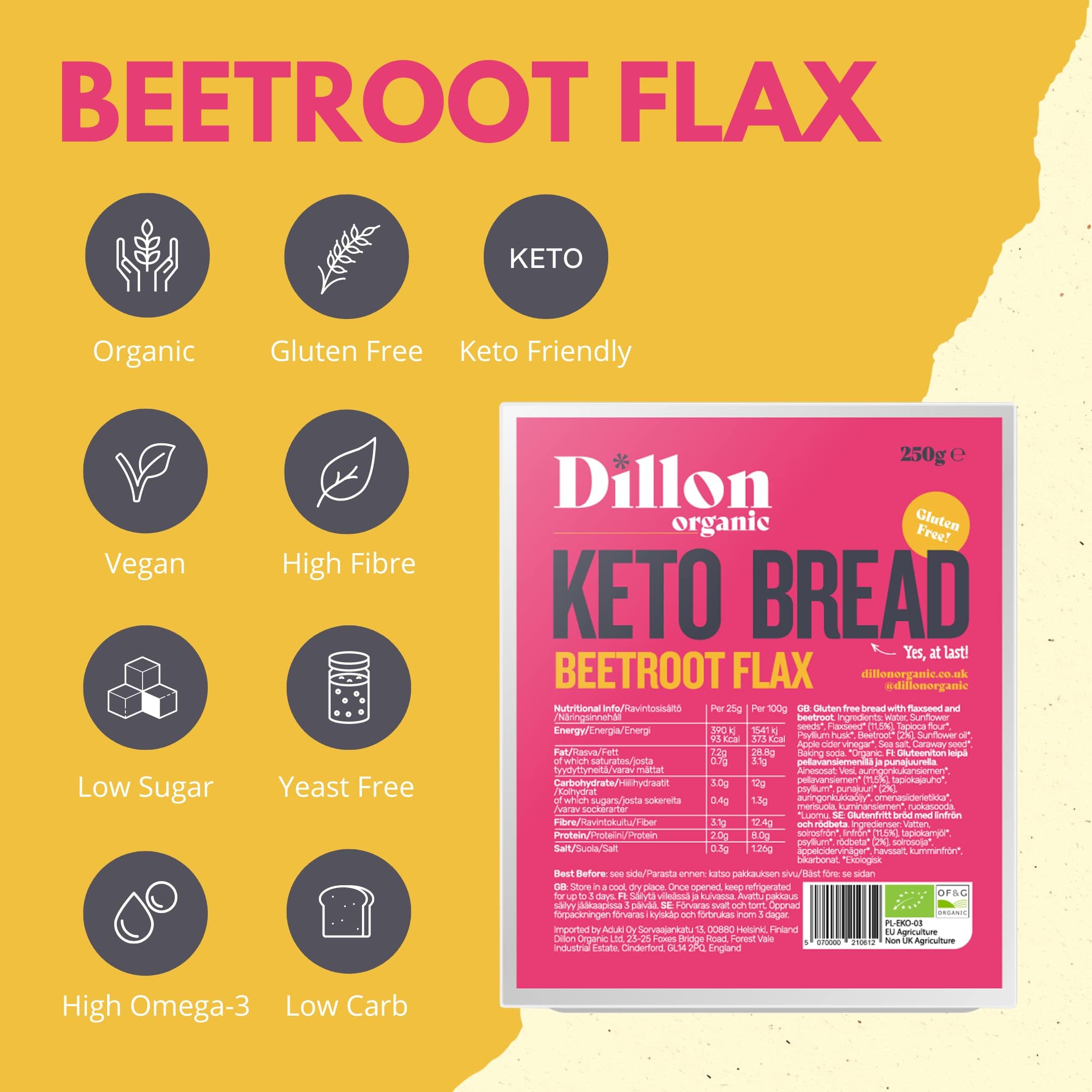 Barbabietola di lino KETO PANE/BIOLOGICO/SENZA GLUTINE/ALTA FIBRA OMEGA 3/RIPIENE/CONFEZIONE DA 6 X250 g (durata della mensola lunga)