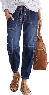 Flamingals Straight Leg Button Fly Jeans for Women Multi Pocket Mid Rise Jeans Without Belt Barrel Pants 27" Inseam Dark Blue L