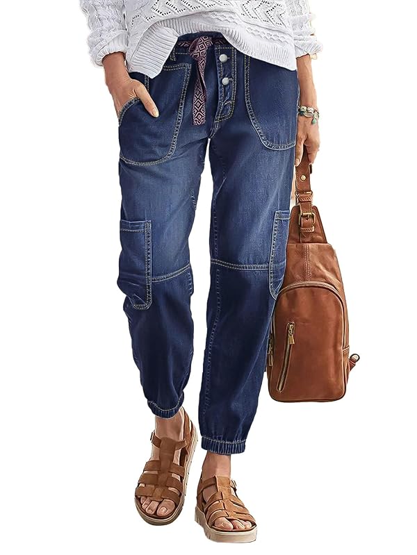 Flamingals Straight Leg Button Fly Jeans for Women Multi Pocket Mid Rise Jeans Without Belt Barrel Pants 27" Inseam Dark Blue L by Flamingals - Used condition - US$45.19