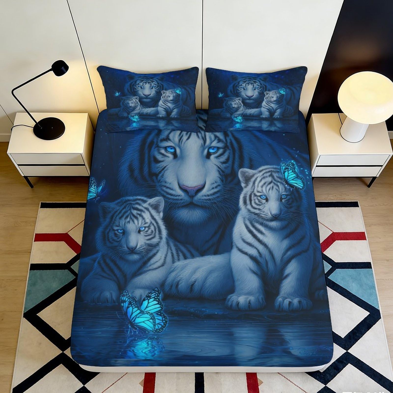 3D Printed Blue Tiger Family Fitted Sheet Microfiber Non-Slip Mattress Cover with Butterfly Animal Art for Bedroom Decor 90x200x25cm