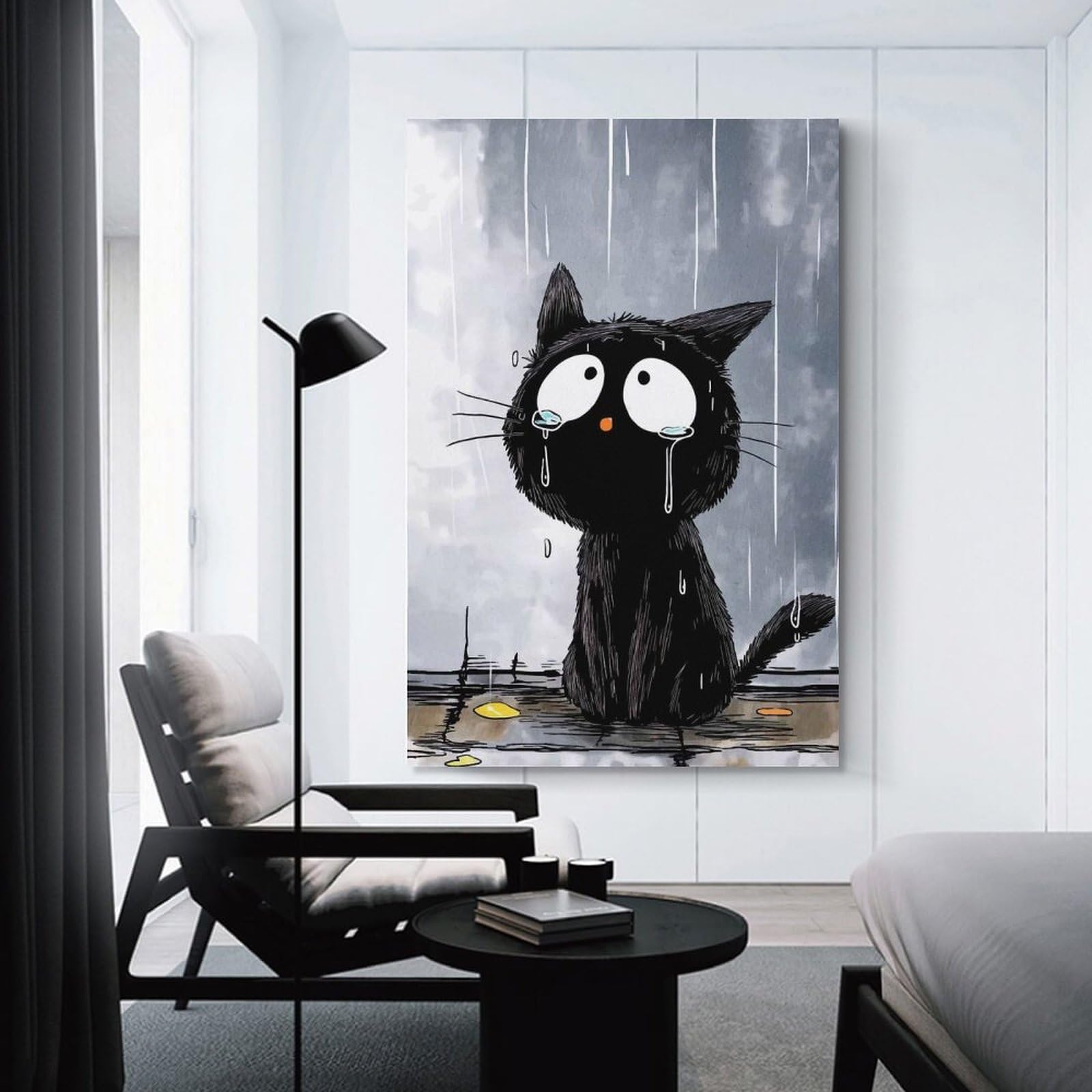 Junmoney Unframe-Sad Black Cat In The Rain Sad Black Cat In The Rain Wall Art Print, 24X36inch(60X90cm), For Sofa Walls, Lounge Or Home Corners, Canvas Styling For A Polished Room Look