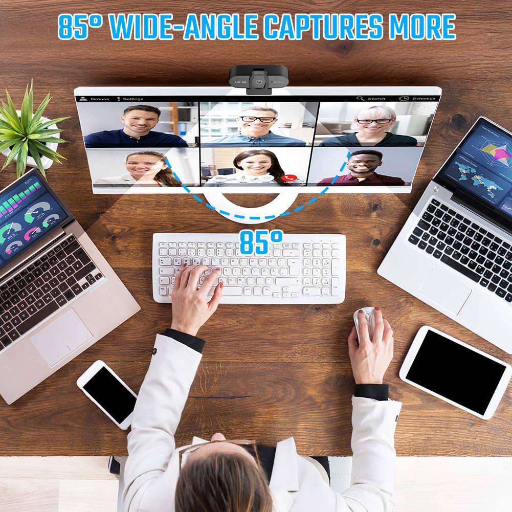 OFFCUP 4K Webcam PC con Microfono Cancellazione del Rumore, Web Cam Full HD 1080p USB Web Camera Streaming Videocamera Plug & Play PC Laptop Desktop per Videochiamate Conferenza e Studio