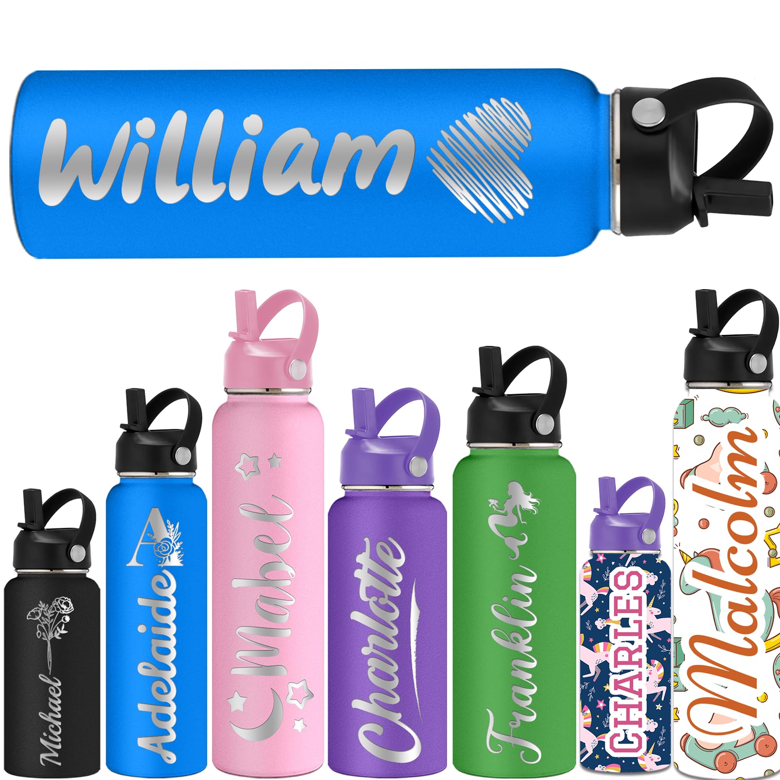 ShAxzHen Personalised Water Bottles for Kids with Straw Lid 40/32/24/18/12oz Custom Insulated Water Bottle Stainless Steel with Name Logo Customised Engraved Cups for School Sport Gym Icon Blue