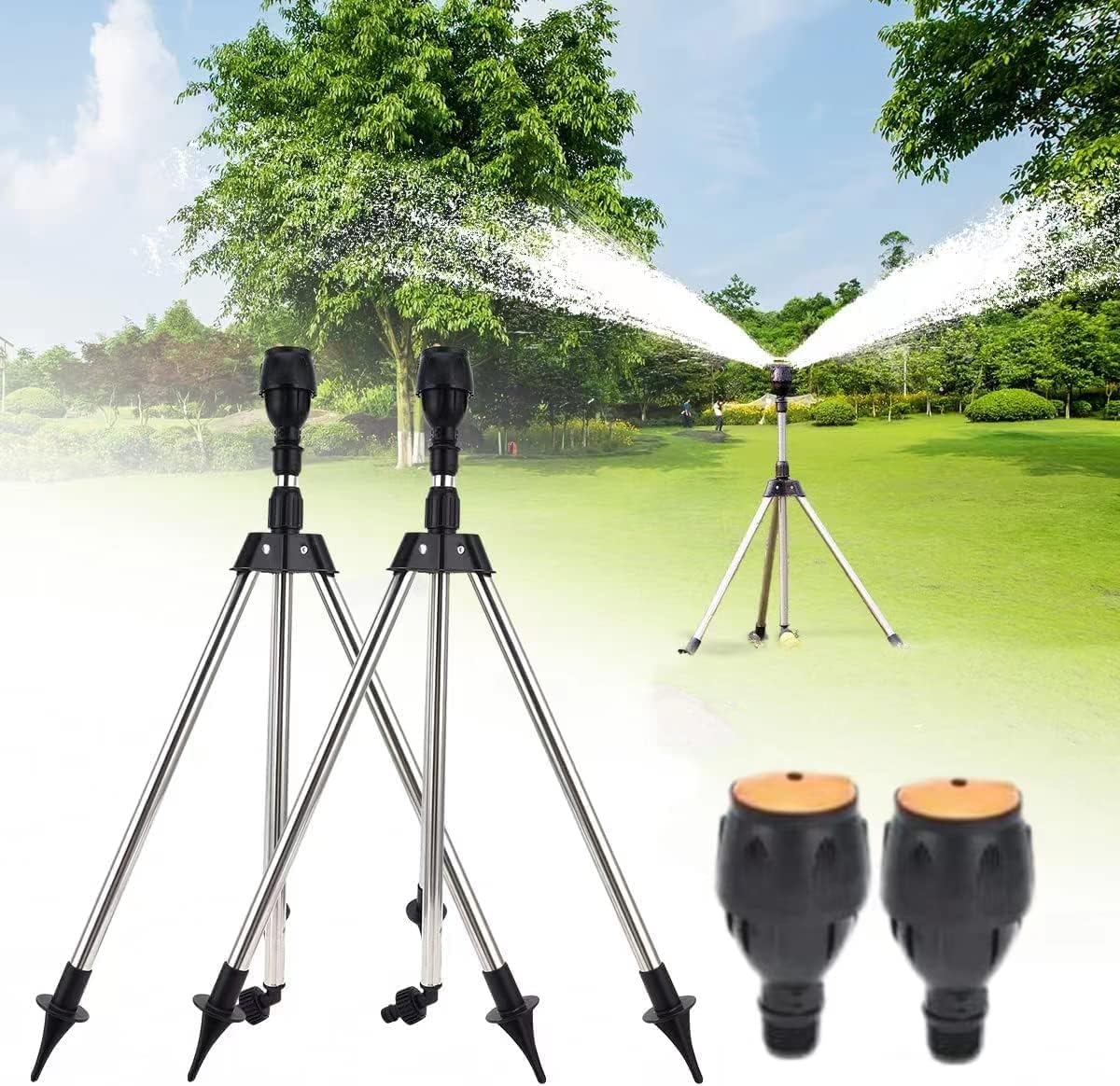 Irrigatore rotante a treppiede, irrigazione rotante automatica, irrigatore d'acqua per prato, irrigazione a 360 gradi, irrigatore telescopico per giardino e cortile (2 pezzi)