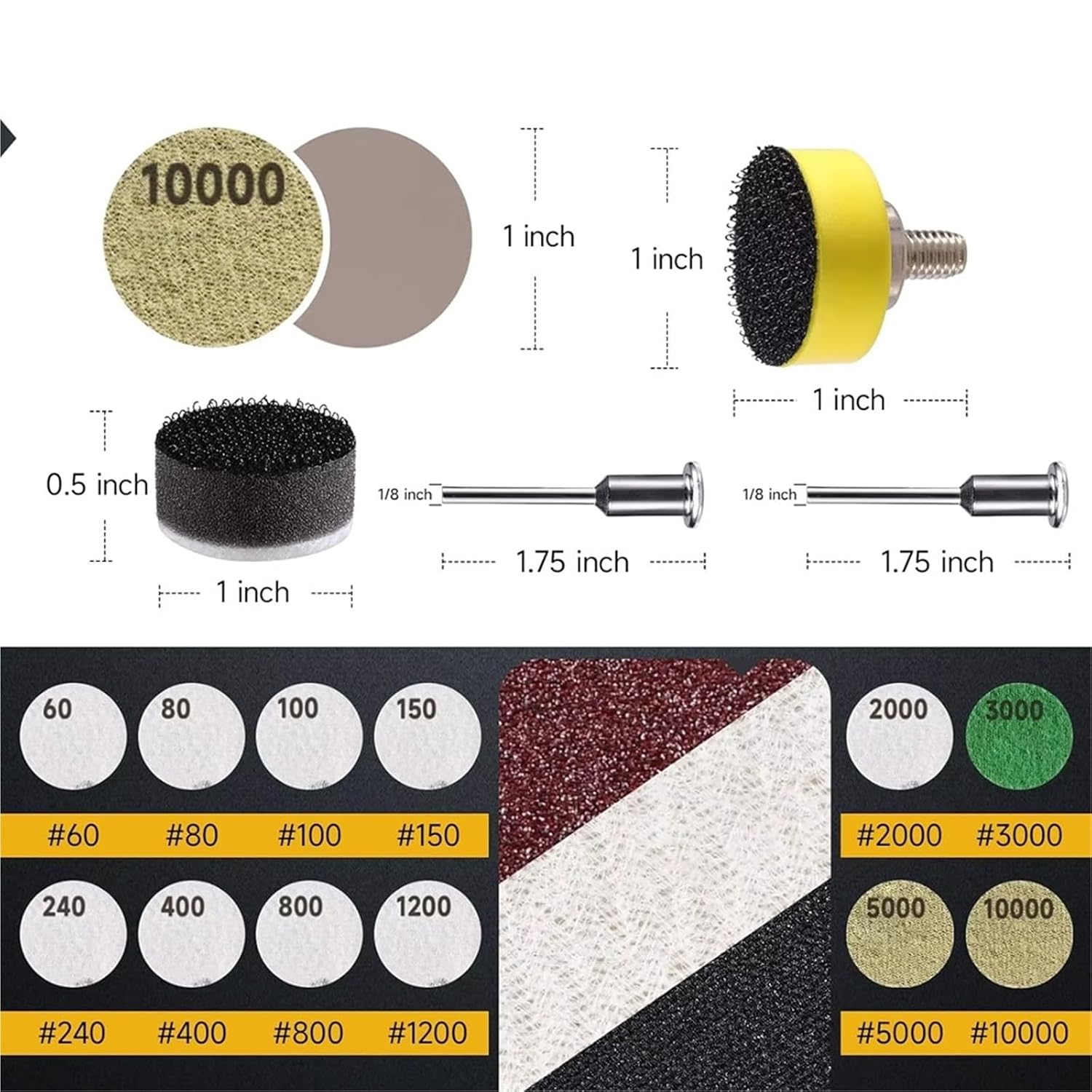364 PCS 1 Inch Sandpaper Wet Dry Sander Sheets with Backing Pad and Soft Foam Buffering Pad, 60 to 10000 Grits Grinding Abrasive