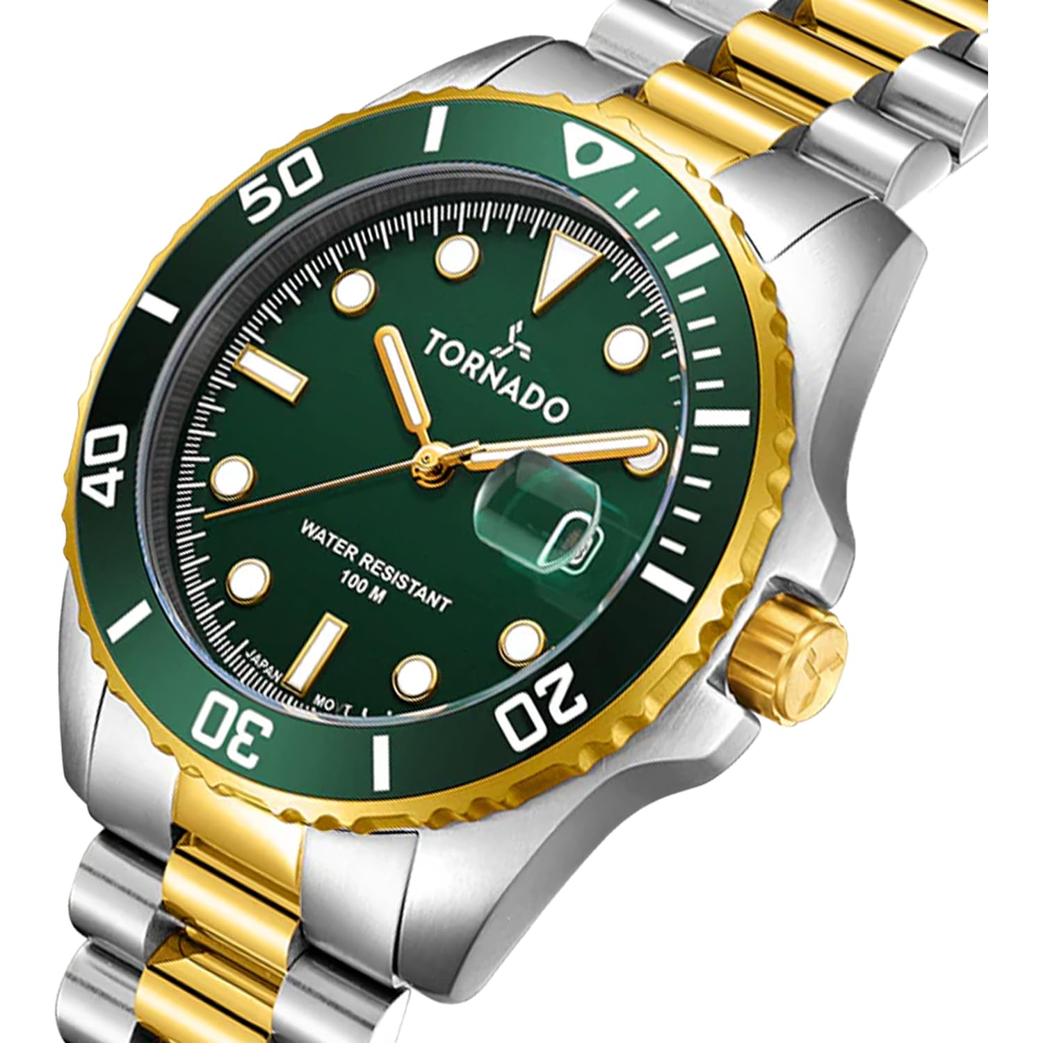 Close-up of the watch dial and crown