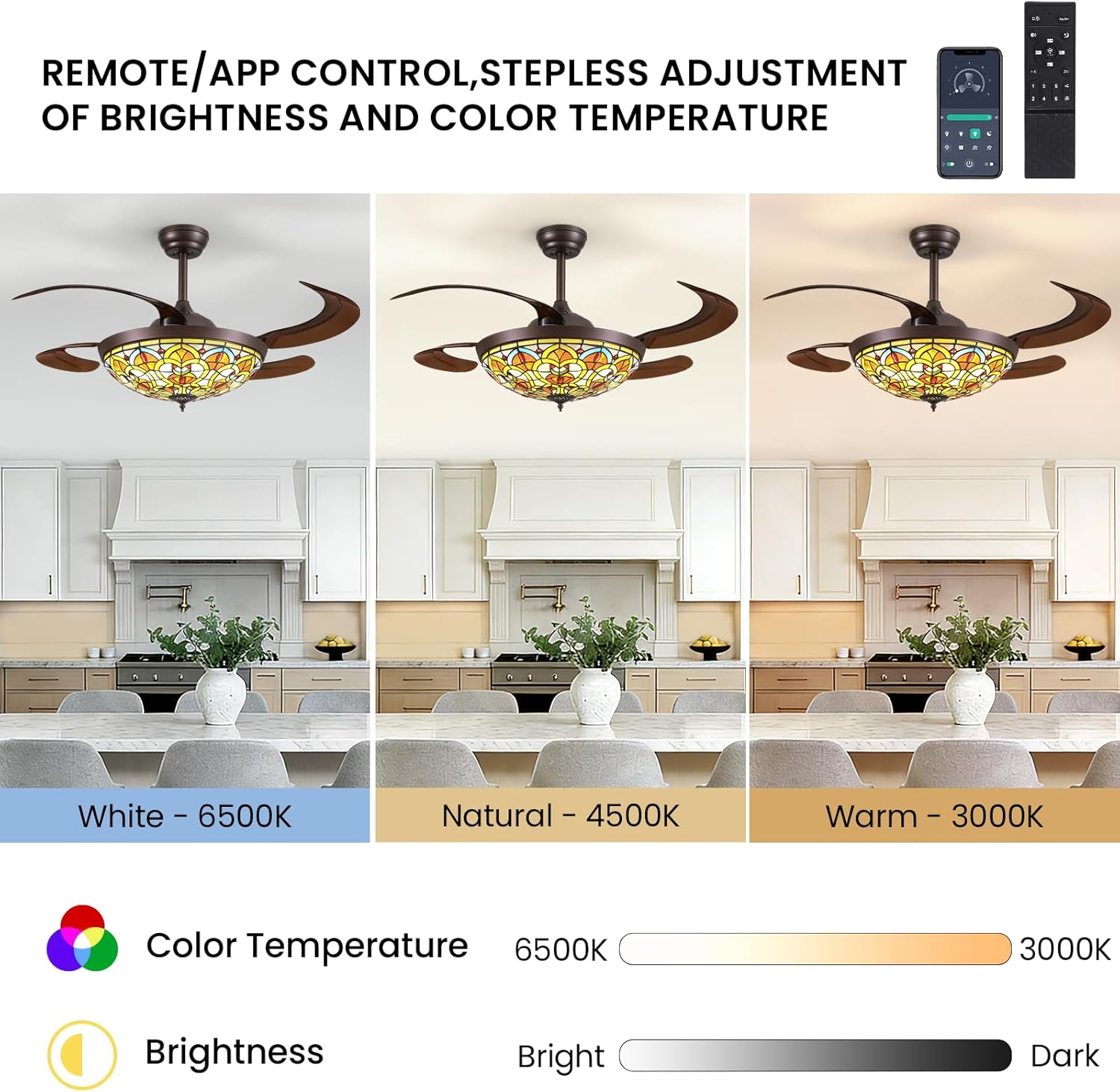 CROSSIO 48" Tiffany Ceiling Fans with Lights Tiffany Vintage Fandelier Vintage Chandelier Fan Stained Glass Ceiling Fan Retractable Blades for Living Room Dining Room