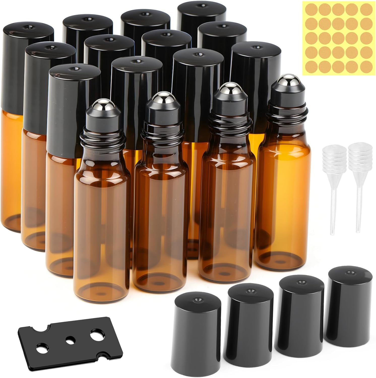 butelka roll-on pusta 5 ml, akcesoria roll-on do olejków eterycznych, 16 sztuk, odporne na promieniowanie UV, szklane butelki roll-on do wielokrotnego napełniania z kulką ze stali nierdzewnej