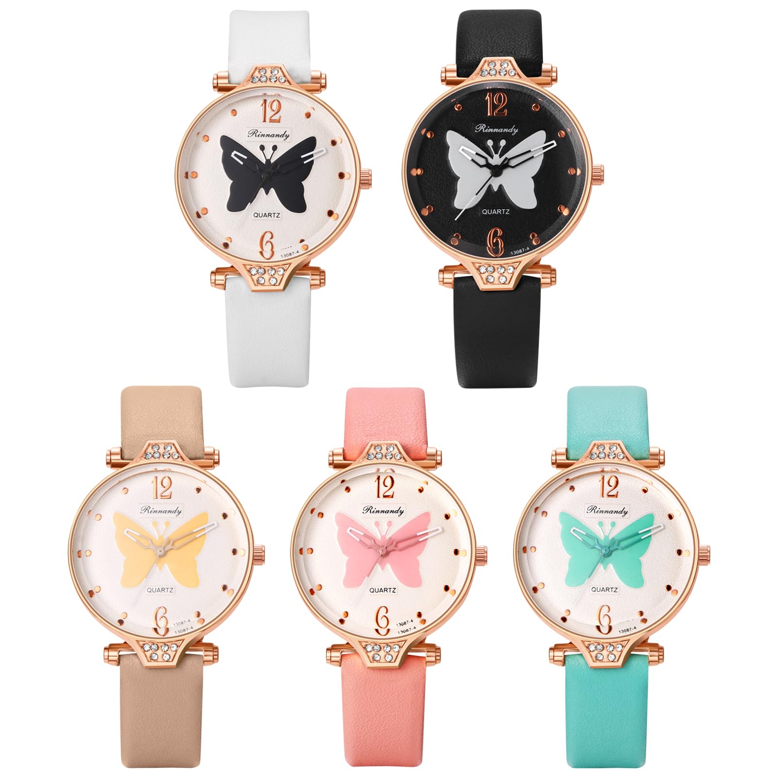 JewelryWe Damski zegarek skórzany zegarek damski: 5 sztuk Preppy Boho motyl stras analogowy kwarcowy zegarek na rękę skórzany zegarek na rękę luźny zegarek dla kobiet i dziewcząt, zestaw 5-cz.