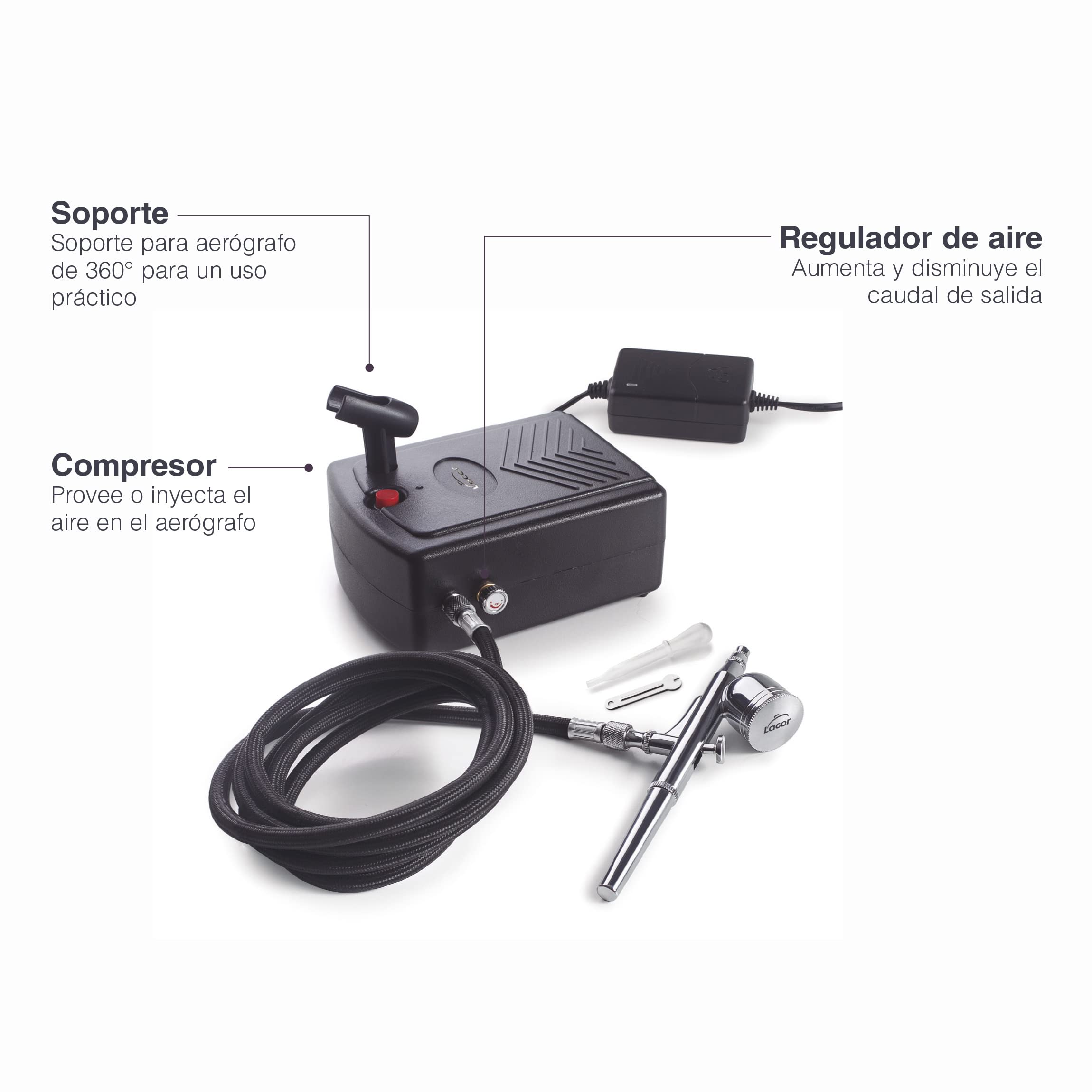 Lacor 69450 - Aerógrafo con compresor para Creaciones artísticas | En acero inoxidable, para un uso práctico y profesional en cocina; con 10 L de capacidad, práctico y fácil de guardar
