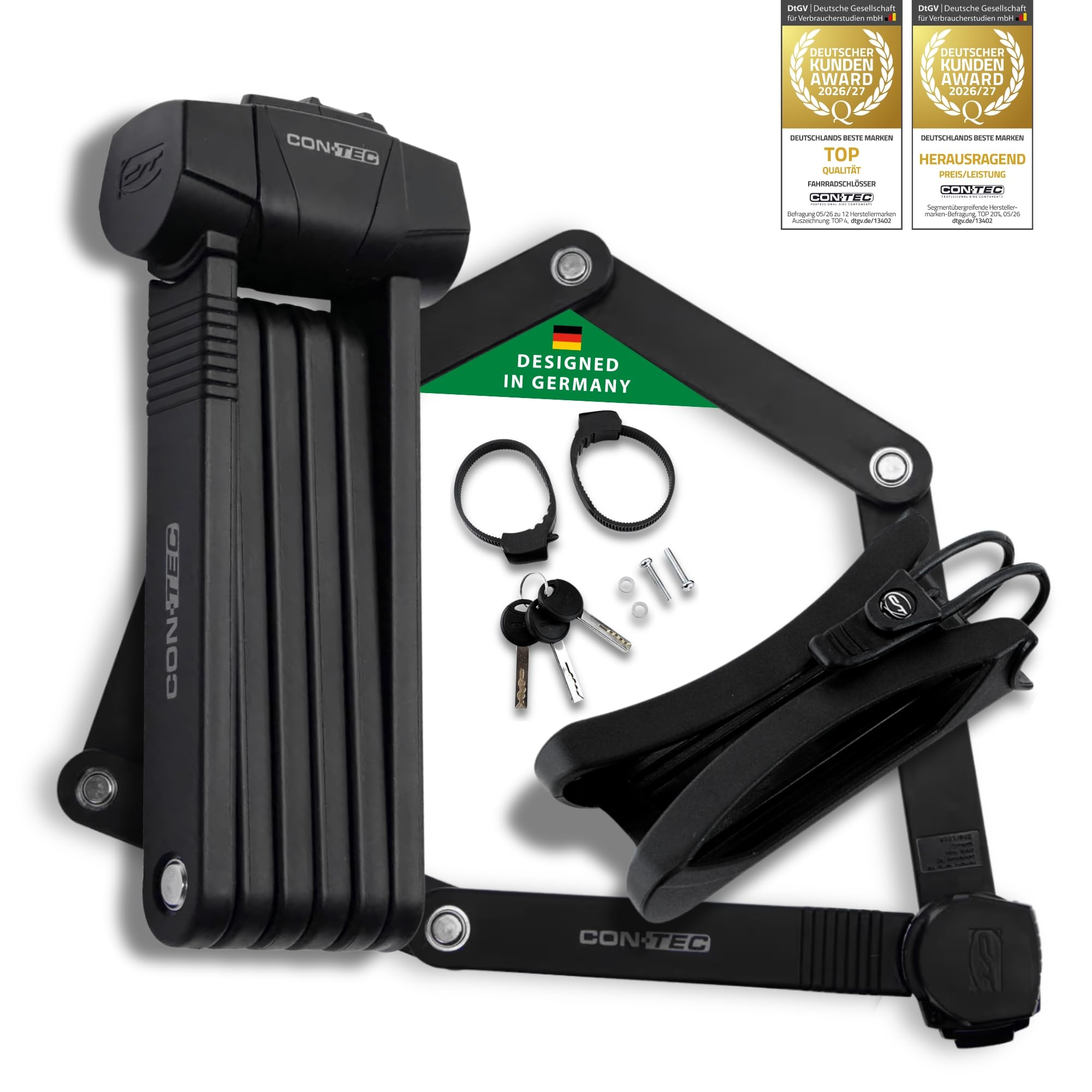 CONTEC Lucchetto pieghevole per bicicletta SherLock, robusto acciaio speciale Tredur, 85 cm, con supporto, sistema a chiave reversibile e serratura a chiave, nero
