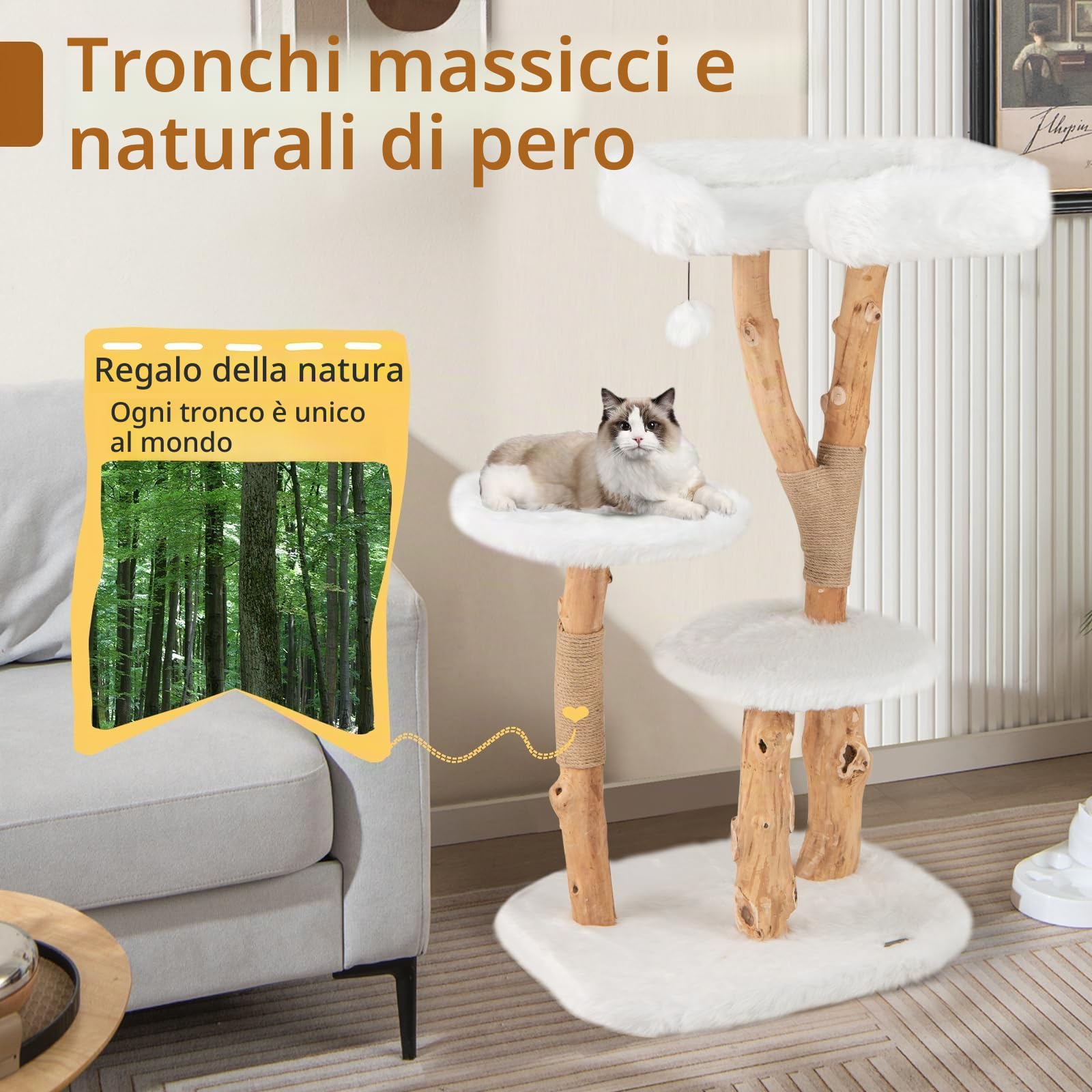 SOARS Tiragraffi per Gatti in Legno, 110 cm con 3 Posatoi in Peluche, 1 Pompon, Corda in Sisal e Tronchi Naturali, Alberi per Gatti Stabile, Bianco