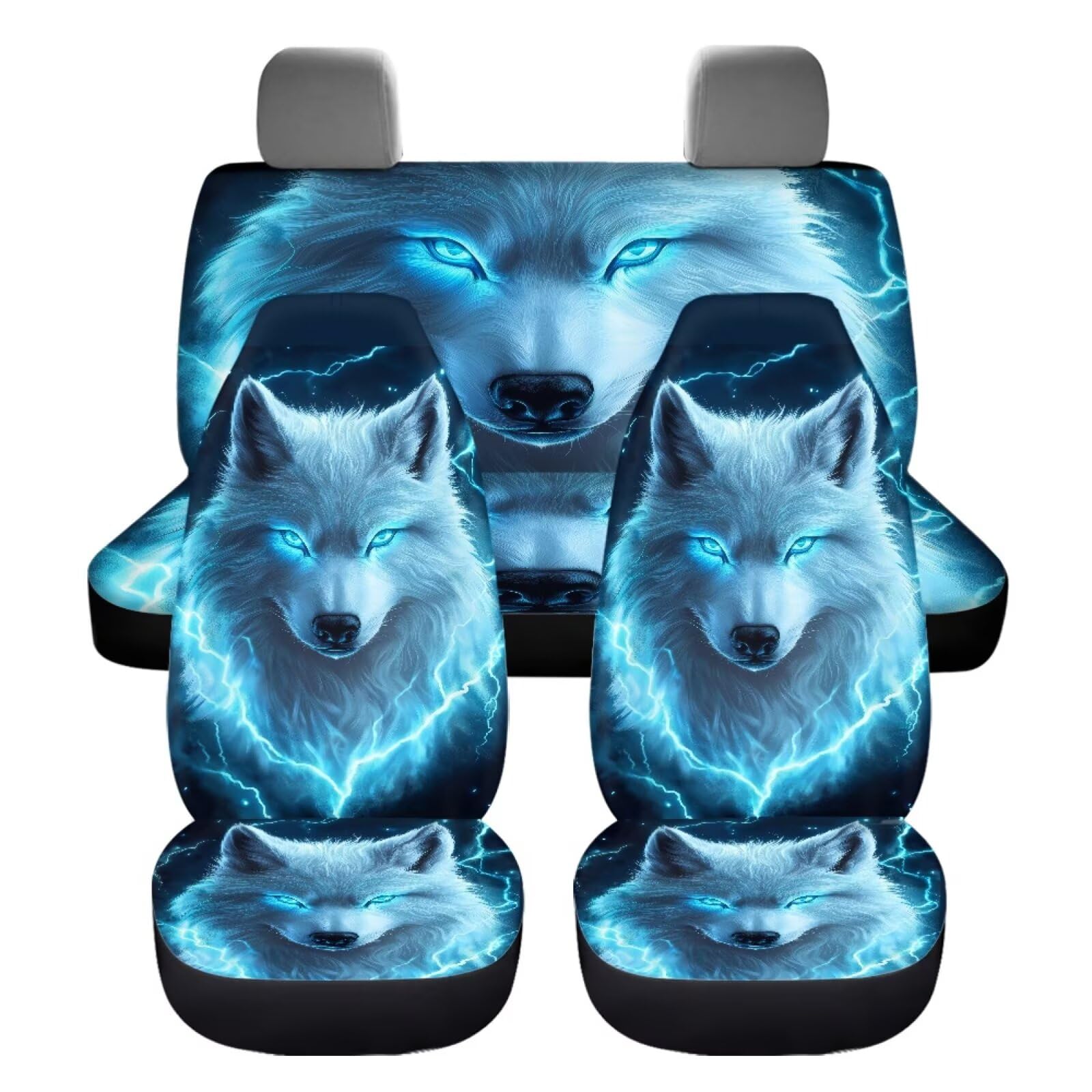 Lot de 4 housses de siège de voiture avant et arrière avec imprimé loup bleu fluo - Accessoires d'intérieur de voiture pour femme