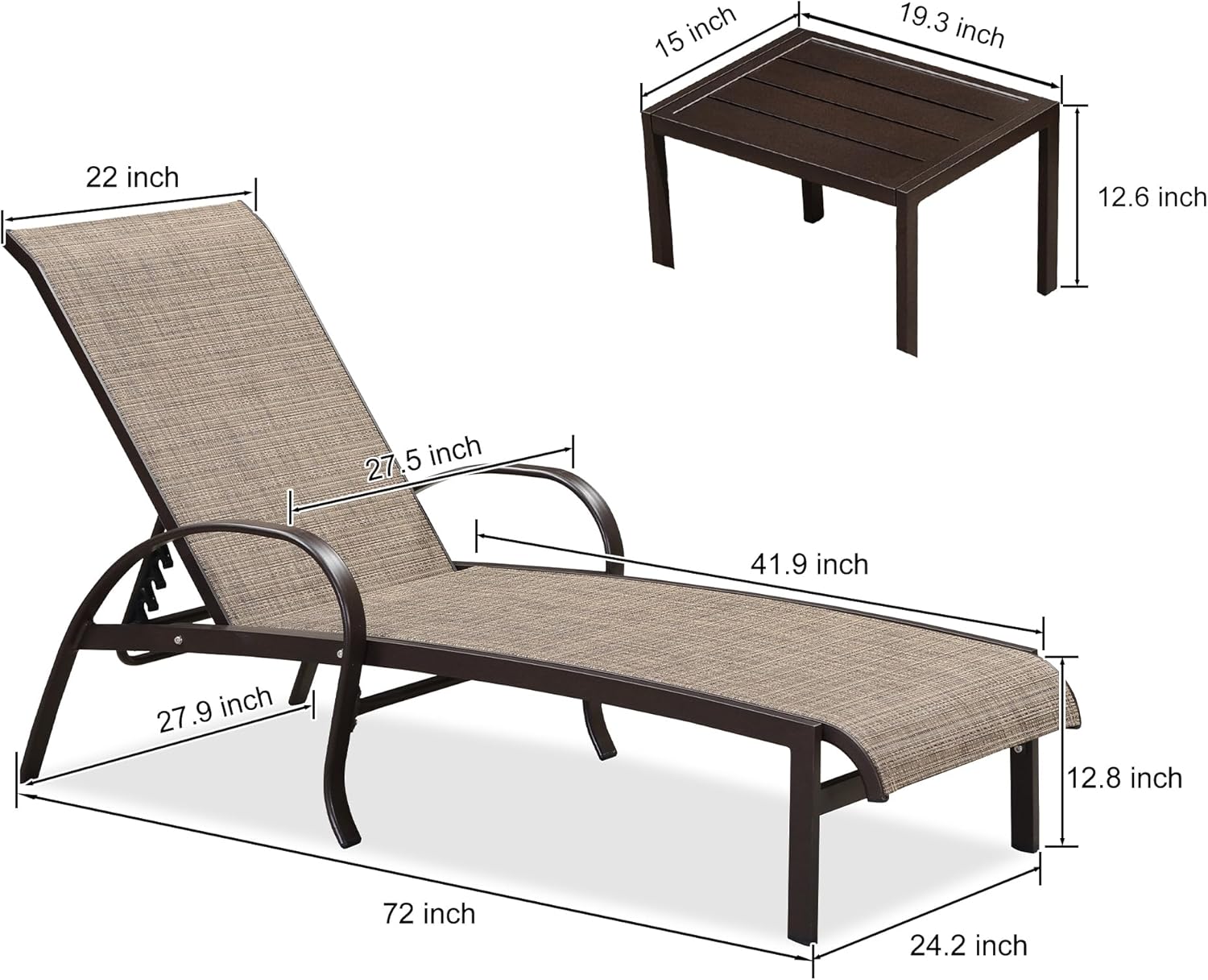 PURPLE LEAF Outdoor Chaise Lounge Chair Set of 3 Patio Pool Lounger Aluminum Chairs with Side Table Adjustable Tanning Recliner for Outside Yard Deck Lawn Garden Beach Brown