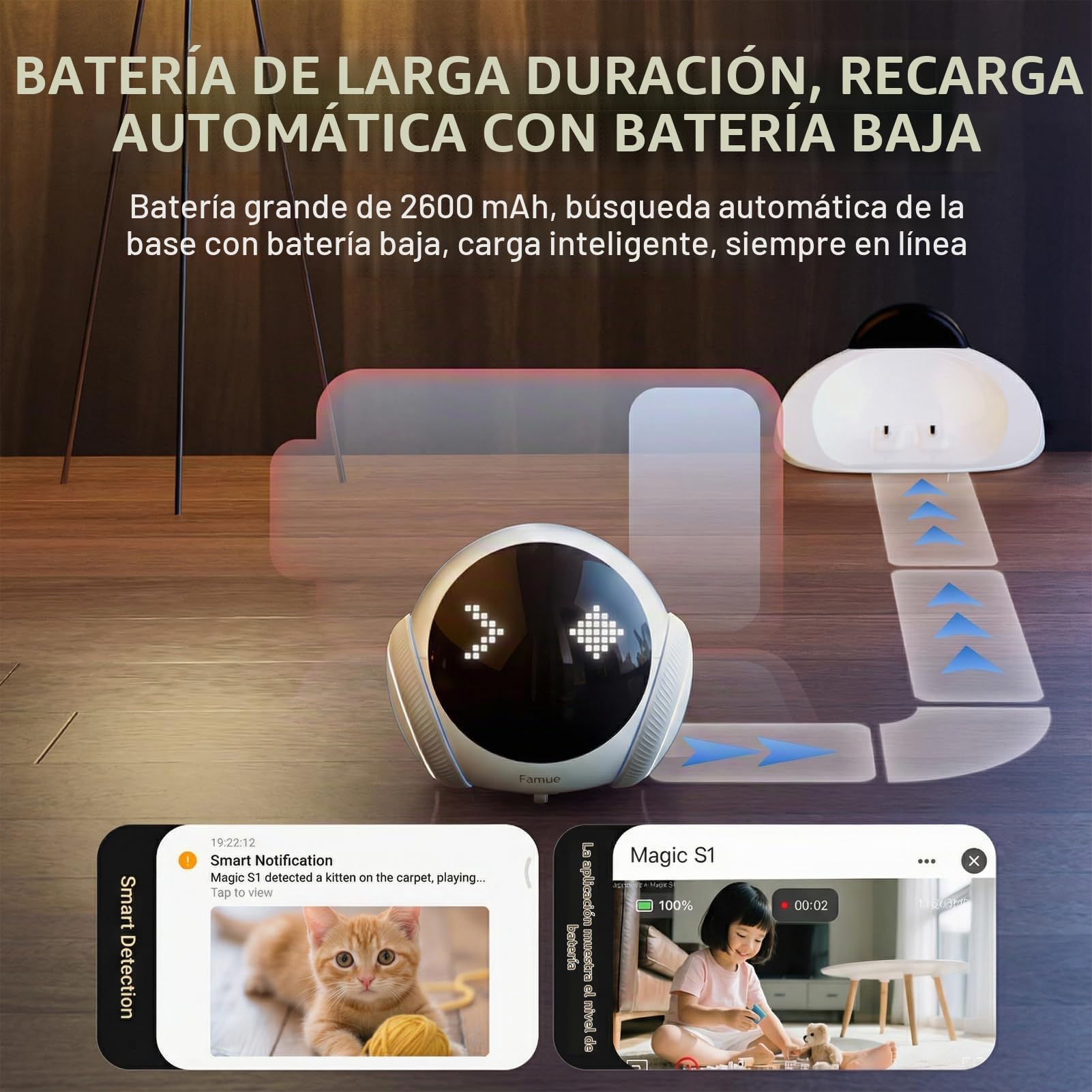 Denash Robot de la Cámara sobre Ruedas, Cámara de Mascota Móvil de 1080p, Control de Aplicación Home Security CAM con Conversación de 2 Vías, Visión Nocturna,Detección de Movimiento