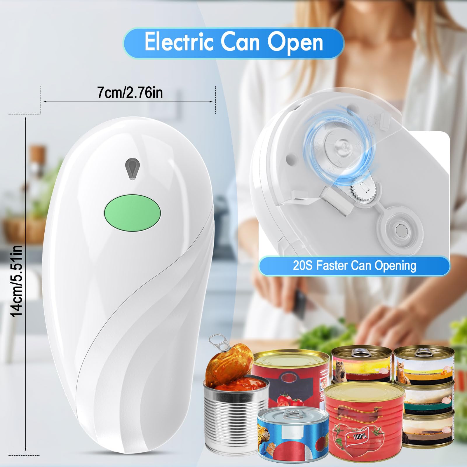 Abrelatas eléctrico, recargable y cable USB, abrelatas automático con operación de un solo toque, seguro para todos los tamaños de latas, abrelatas de cocina para personas mayores, artritis y mamá