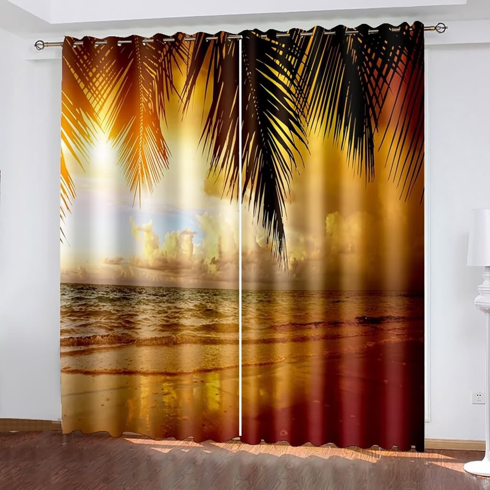 Rideau Anniversaire, Rideaux de La Cuisine Moderne Marron Orangé Polyester Paysage Marin avec des Feuilles de Palmier 244L x 274H CM Lot de 2