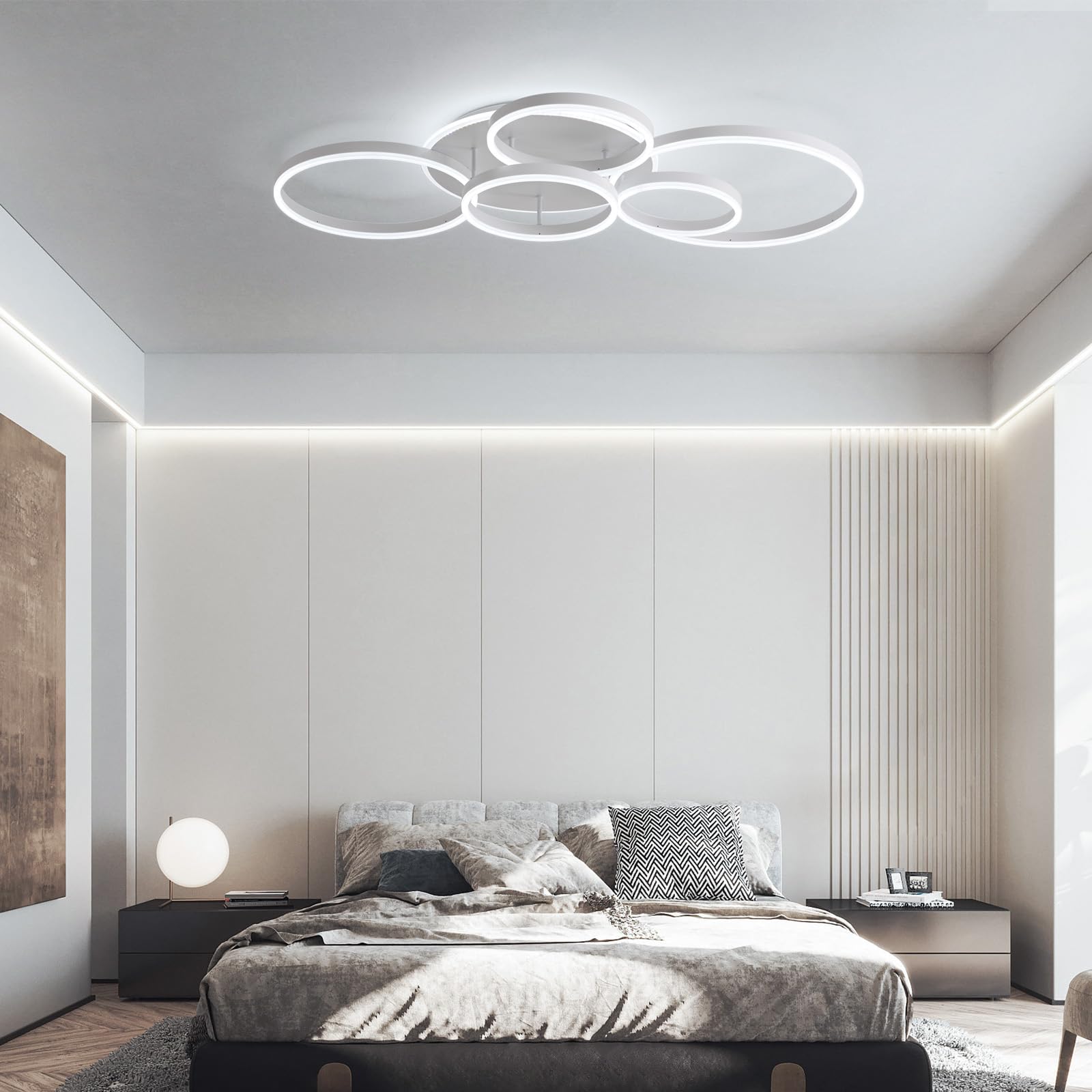Dimmbare Led Deckenleuchte,Unterputz-Wohnzimmerlampe,108 W,6400 Lm,Deckenleuchte Mit Fernbedienung,6-Ring-Kronleuchter FüR Wohnzimmer, Schlafzimmer, Esszimmer, 3000–6000 K,Weiß,L116CM