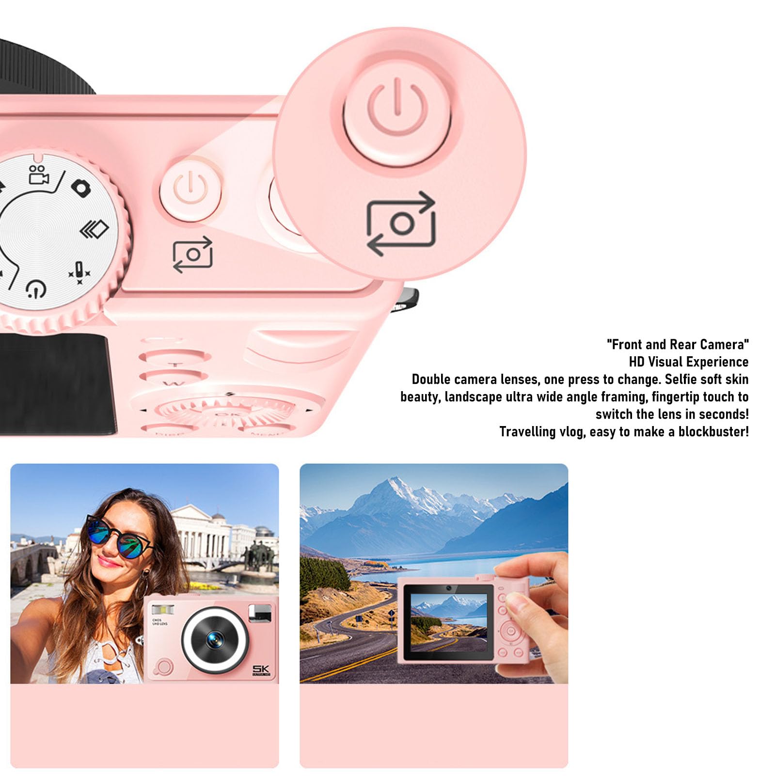 Bewinner Fotocamera Digitale 5k per Fotografia, Fotocamera da Vlogging da 64 MP per YouTube con Touchscreen HD da 2,8 Pollici, Telecamera Compatta WiFi HD con Flash per Principiante (PINK)