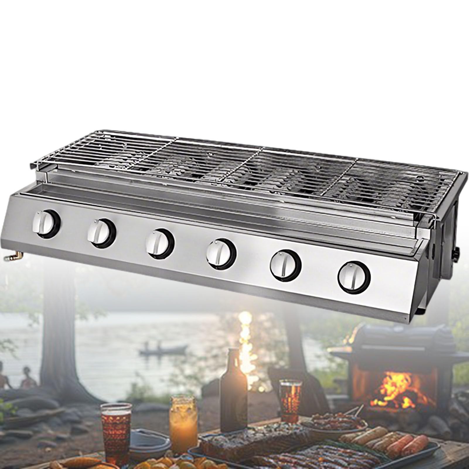 Parrilla de Gas de Sobremesa, Parrilla de Gas Comercial para Camping, Parrilla Profesional de Acero Inoxidable con Interruptores Independientes, Ideal para Acampar 6-Burner